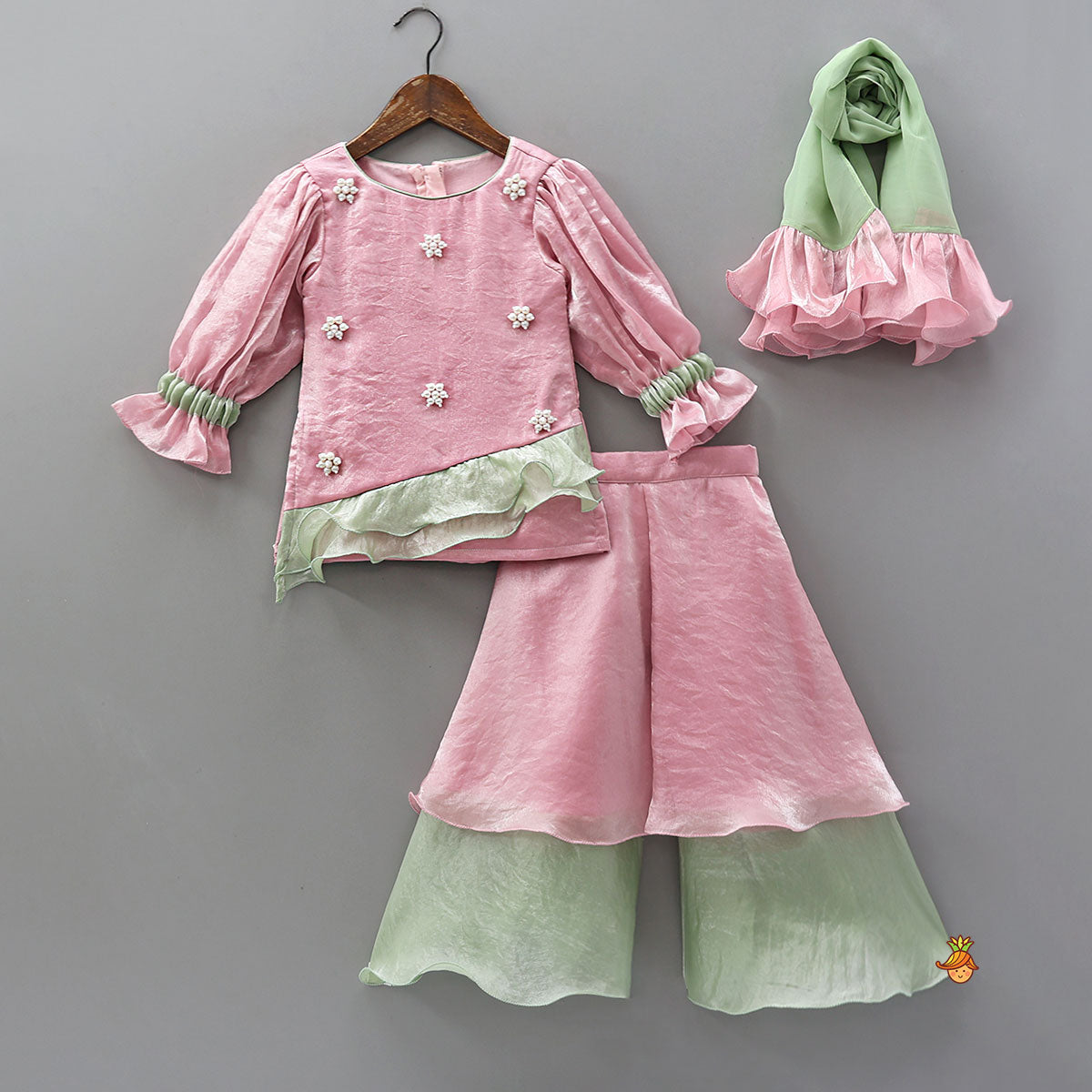 Pre Order: Ruffle-Hem Kurti And Layered Dual-Tone Palazzo With Matching Dupatta