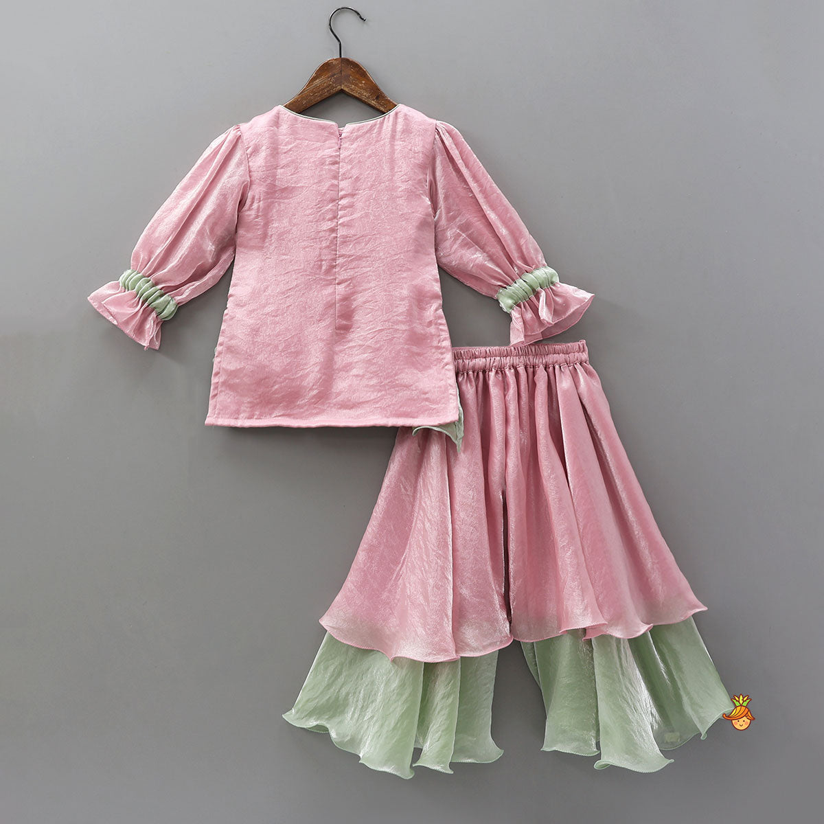 Pre Order: Ruffle-Hem Kurti And Layered Dual-Tone Palazzo With Matching Dupatta