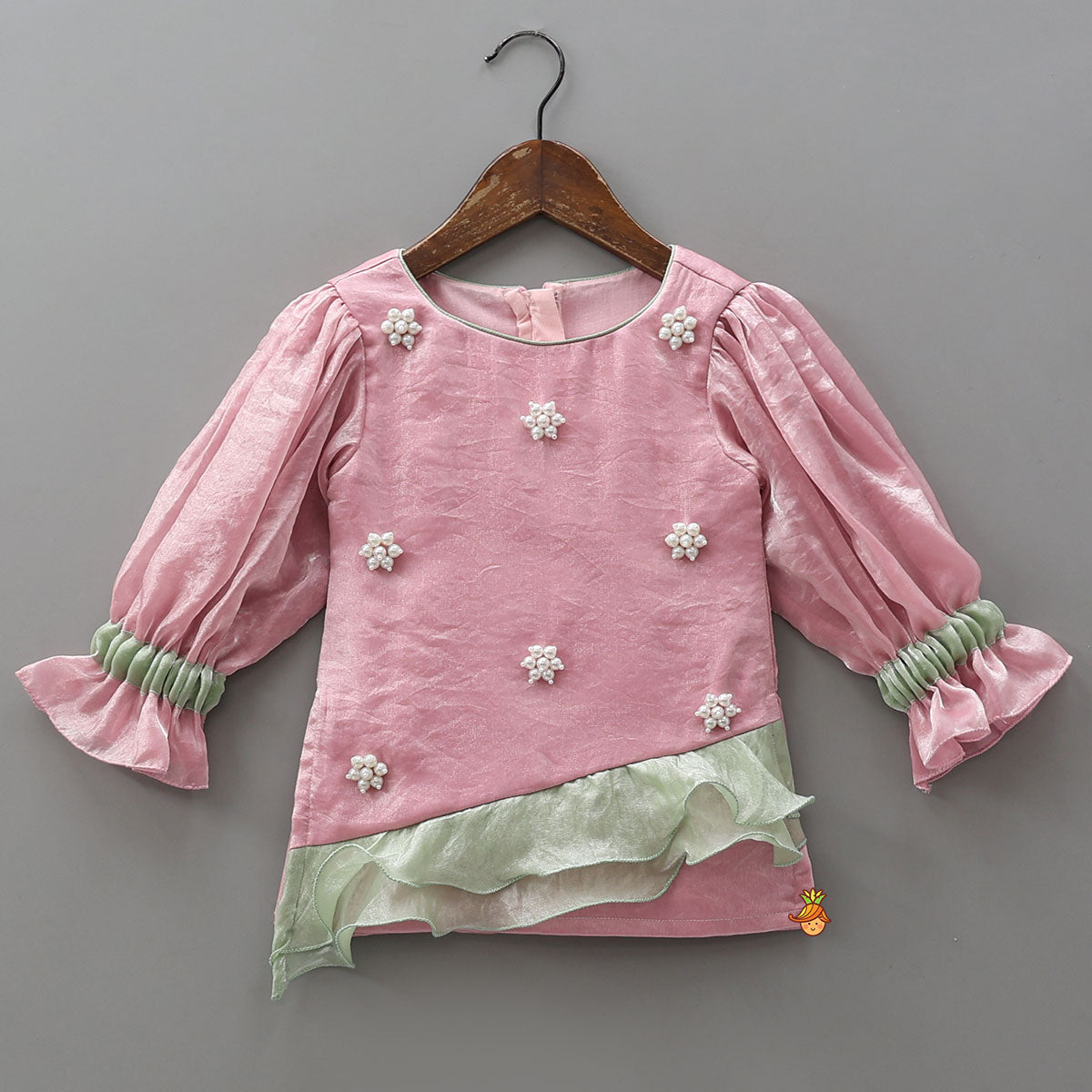 Pre Order: Ruffle-Hem Kurti And Layered Dual-Tone Palazzo With Matching Dupatta