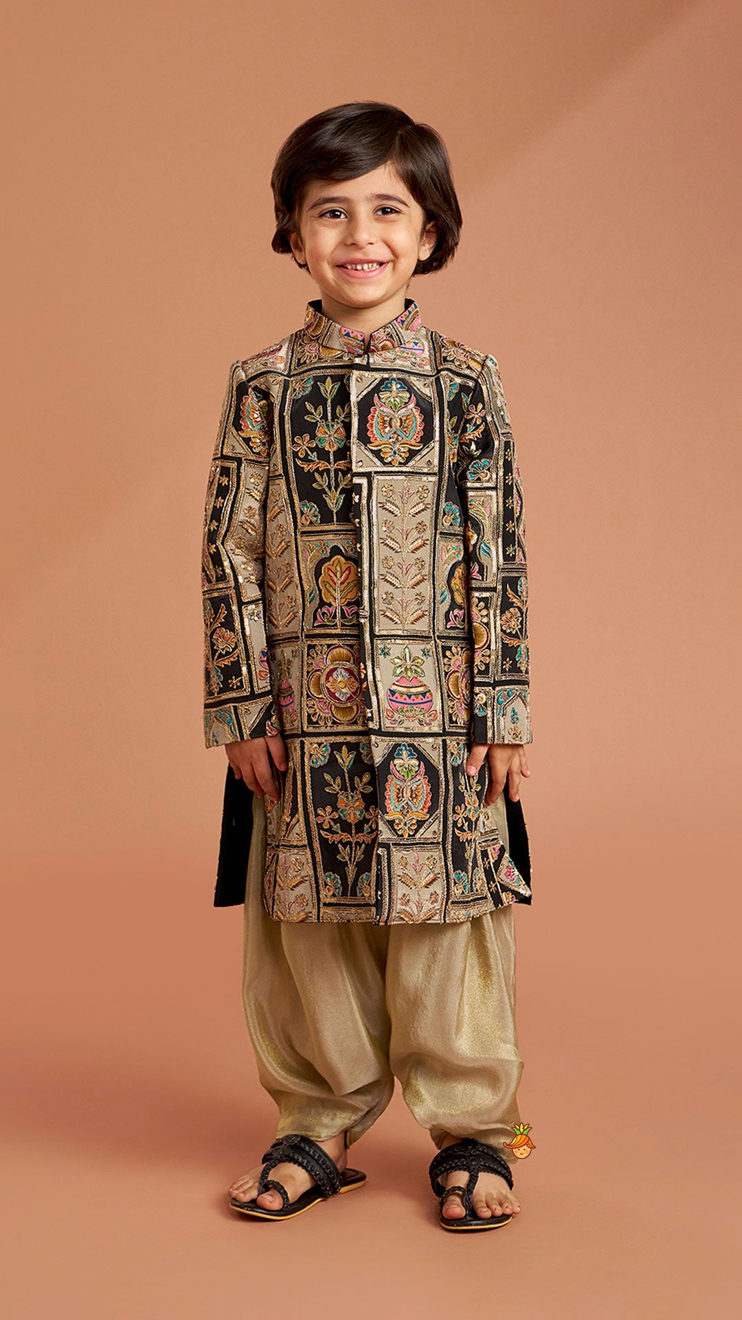 Pre Order: Charming Embroidered Sherwani With Shimmery Pleated Patiala