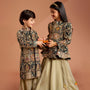 Charming Embroidered Sherwani With Shimmery Pleated Patiala twinning model image 3