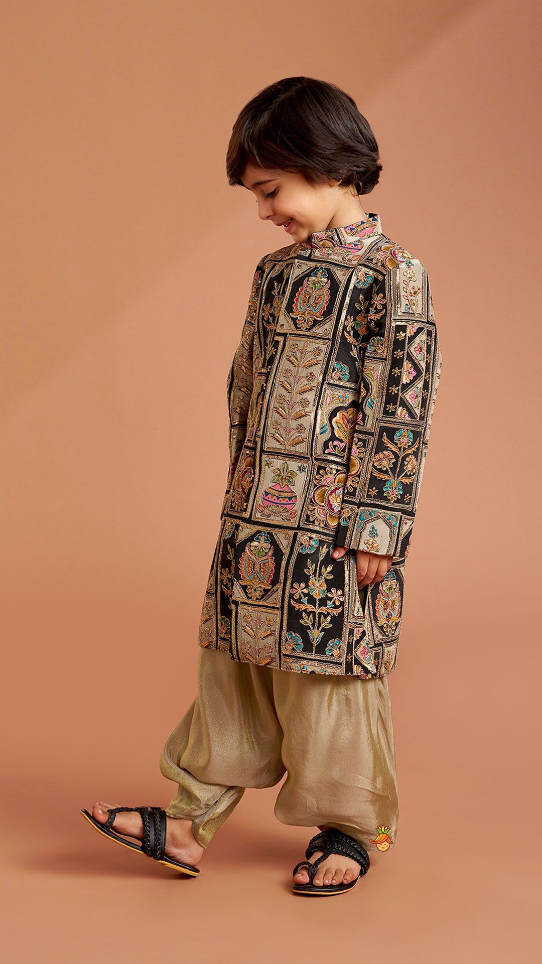 Pre Order: Charming Embroidered Sherwani With Shimmery Pleated Patiala