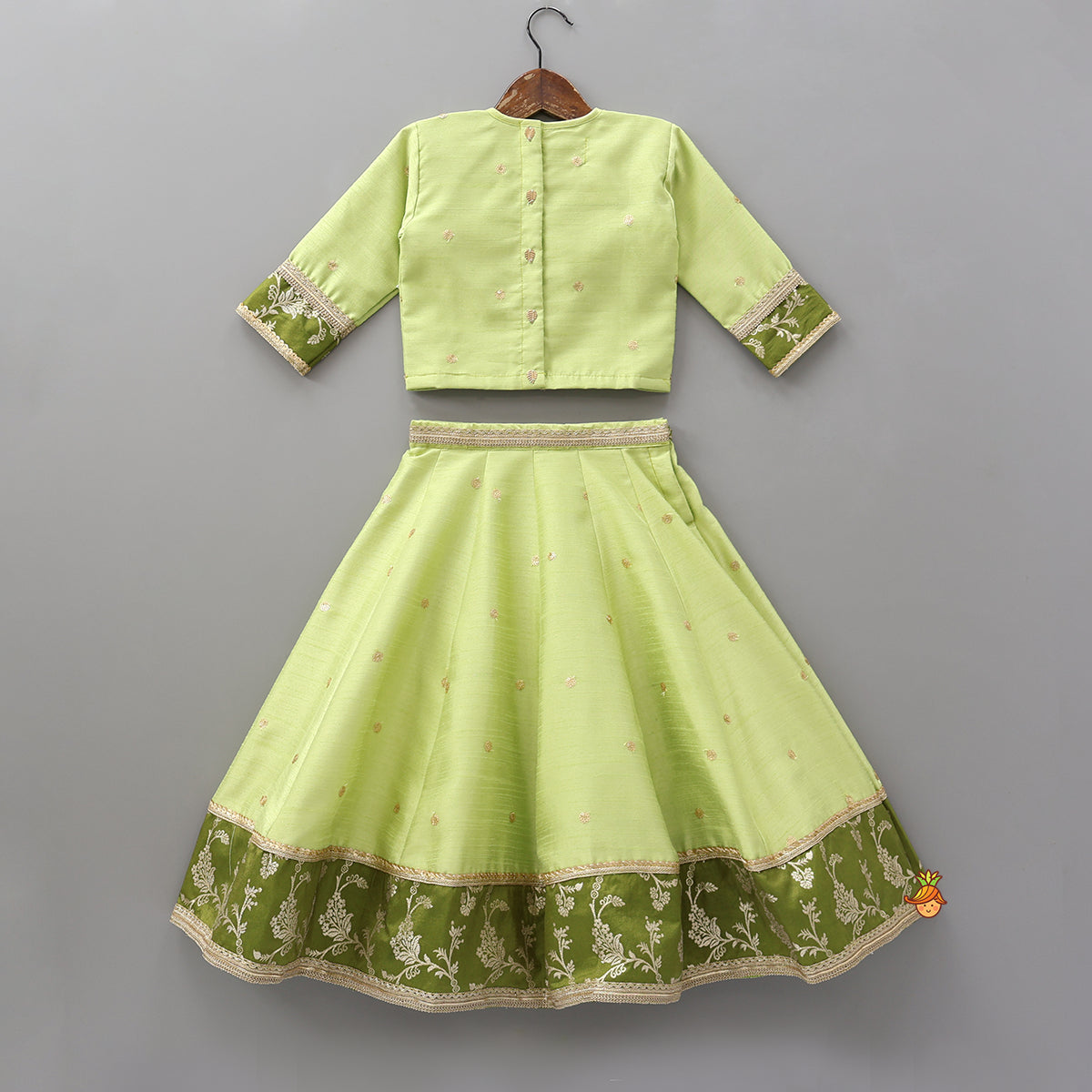 Pre Order: Contrast Yoke Top With Lehenga And Net Dupatta