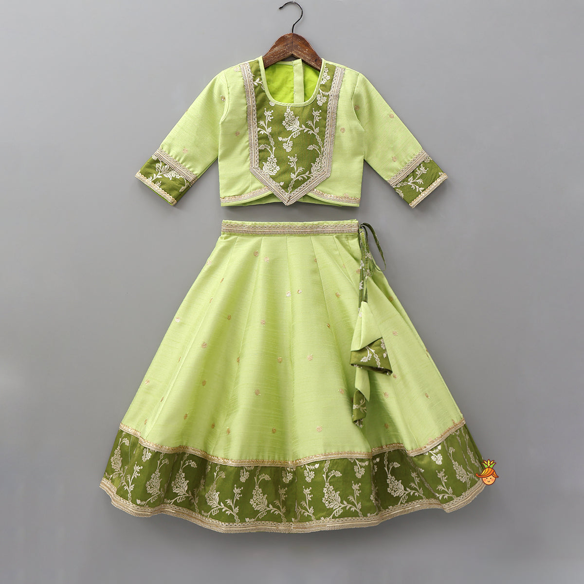 Pre Order: Contrast Yoke Top With Lehenga And Net Dupatta