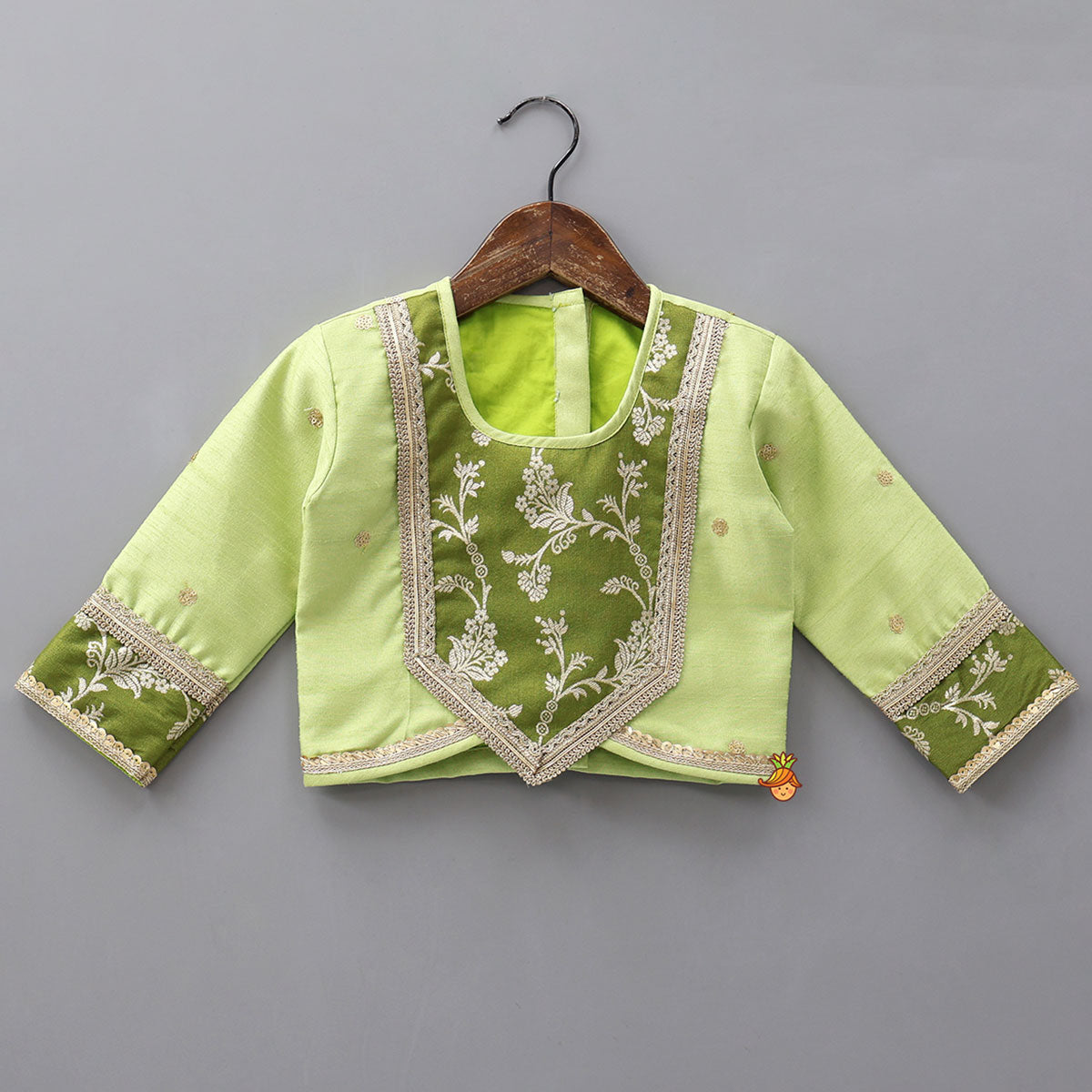 Pre Order: Contrast Yoke Top With Lehenga And Net Dupatta