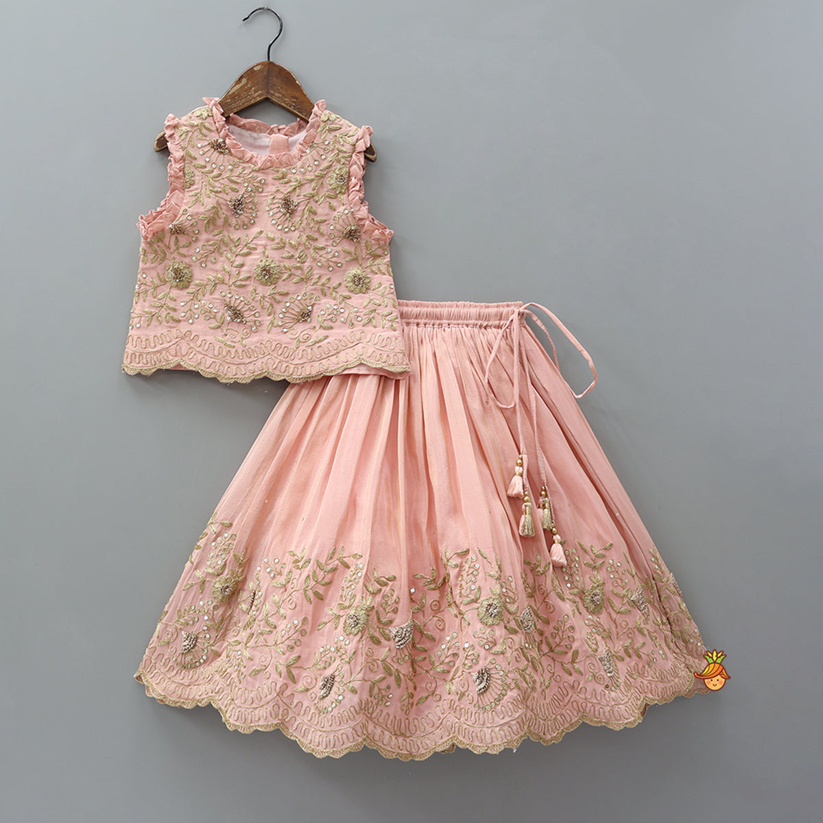 Pre Order: Shimmery Embroidered Ruffled Top With Lehenga