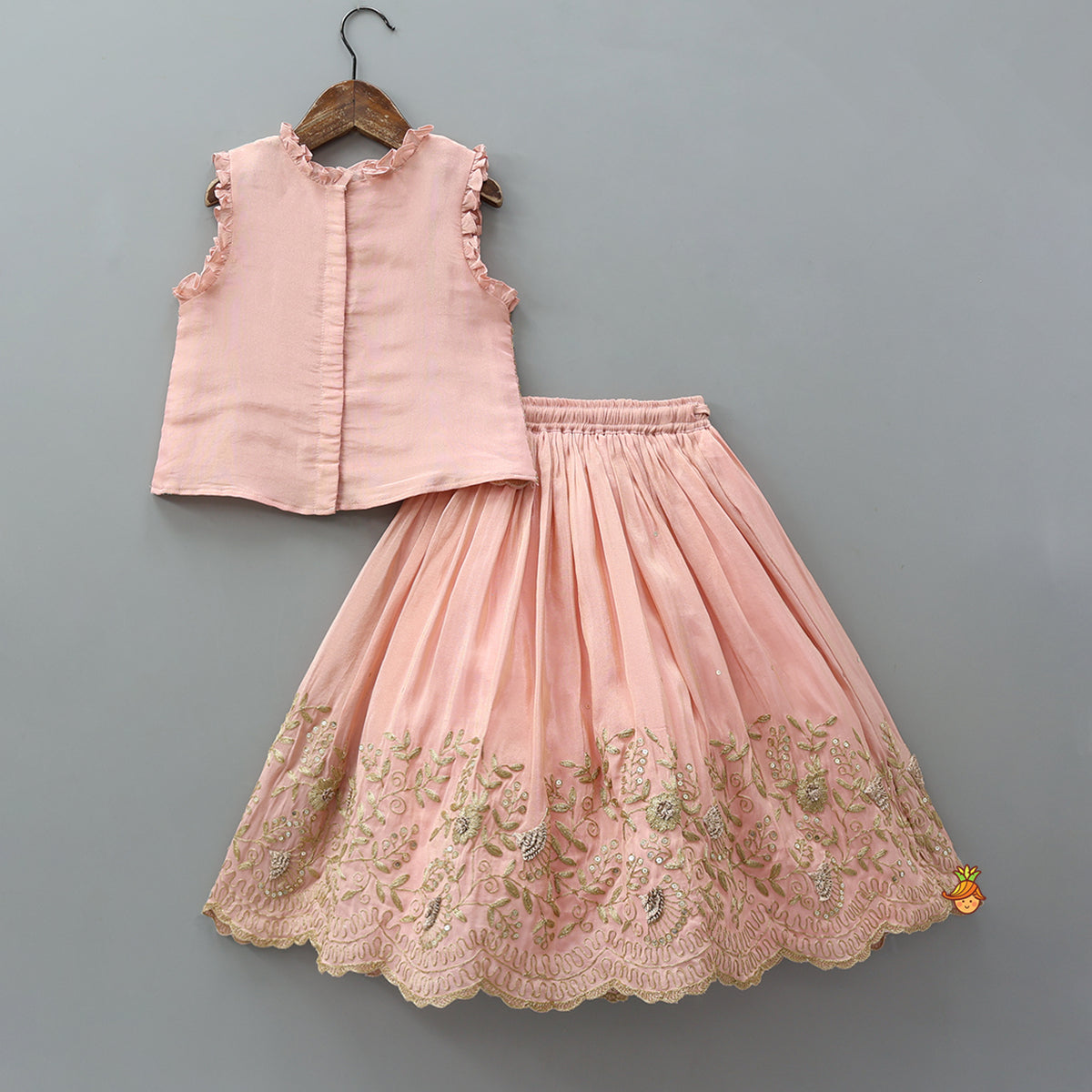 Pre Order: Shimmery Embroidered Ruffled Top With Lehenga