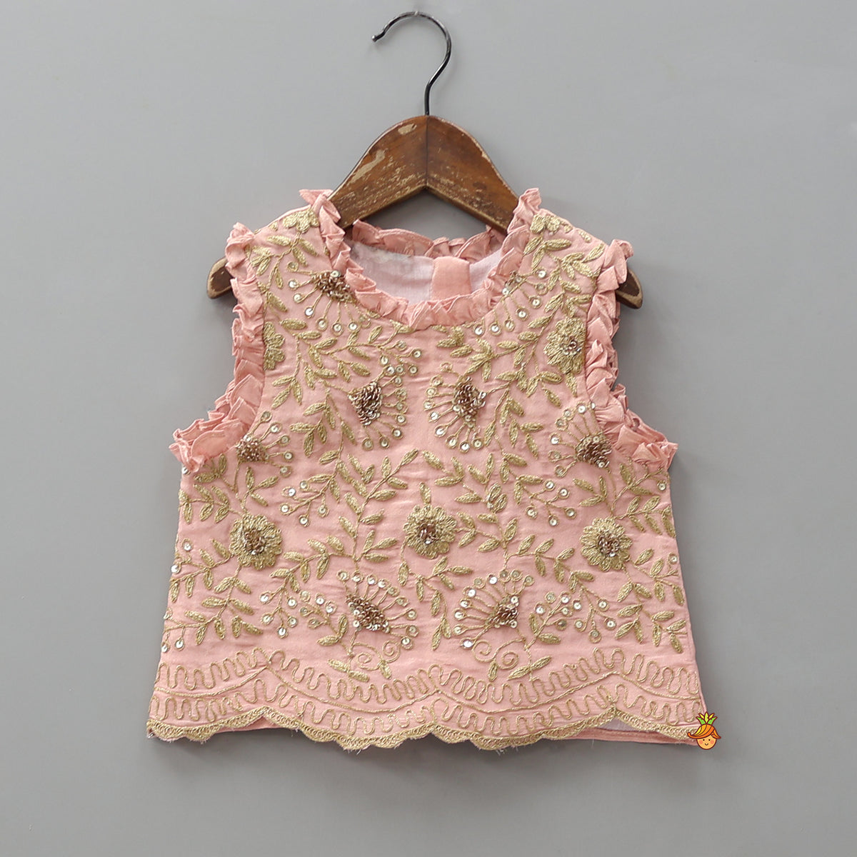 Pre Order: Shimmery Embroidered Ruffled Top With Lehenga