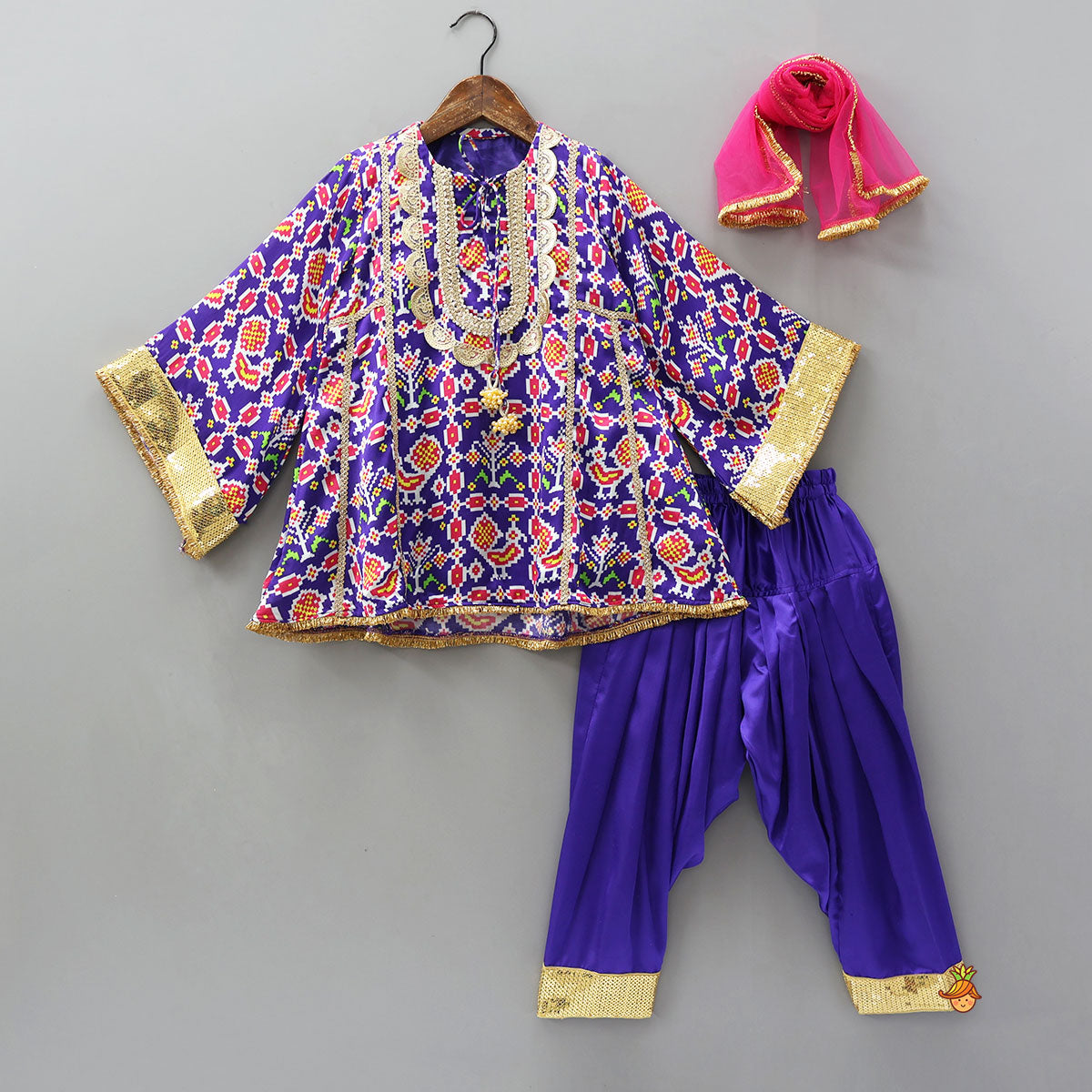 Pre Order: Front Knot Detail Patola Printed Kurti With Salwar And Contrasting Dupatta