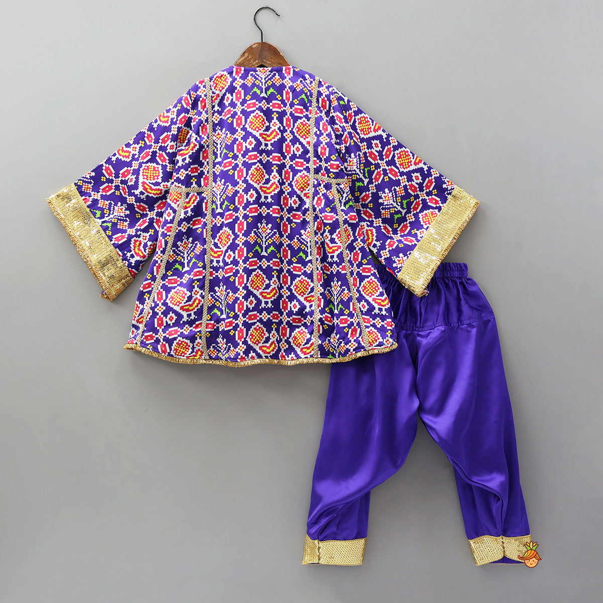 Pre Order: Front Knot Detail Patola Printed Kurti With Salwar And Contrasting Dupatta