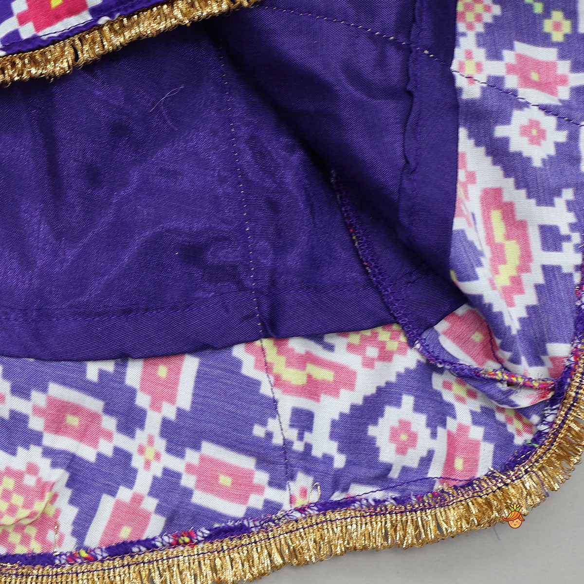 Pre Order: Front Knot Detail Patola Printed Kurti With Salwar And Contrasting Dupatta