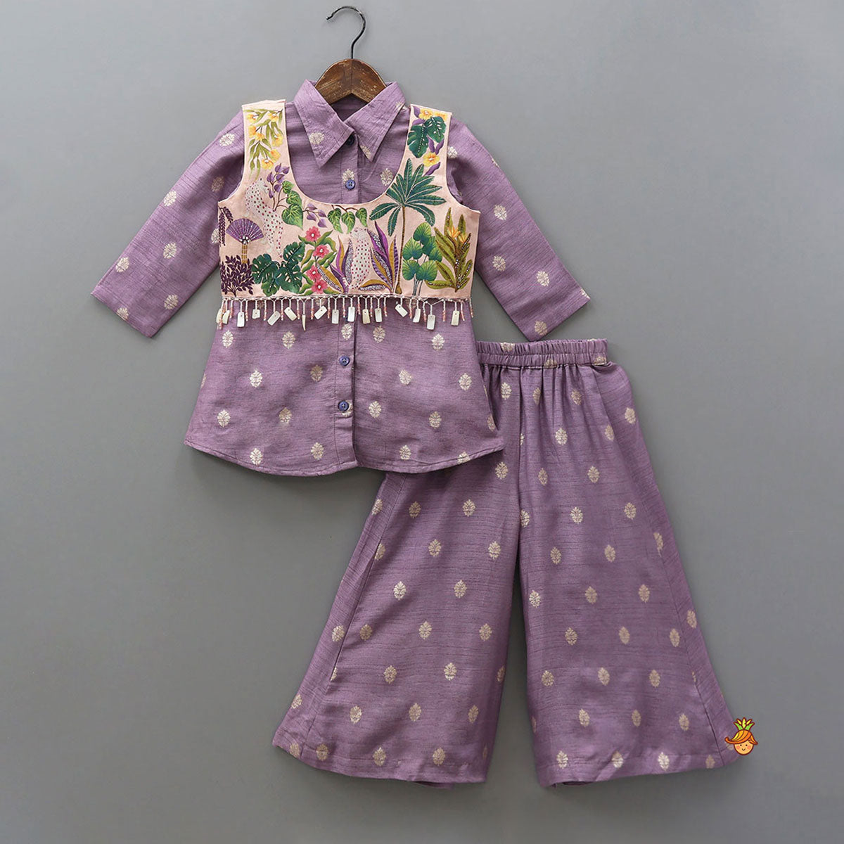 Pre Order: Stylish Shirt Style Top With Hand Painted Jacket And Palazzo