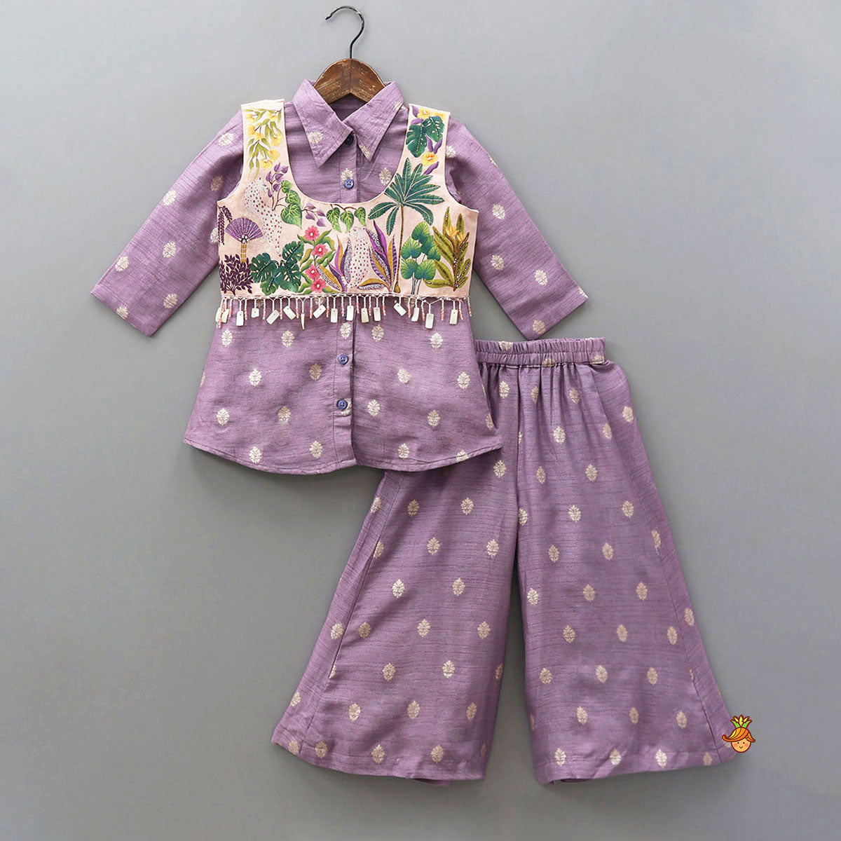 Pre Order: Stylish Shirt Style Top With Hand Painted Jacket And Palazzo