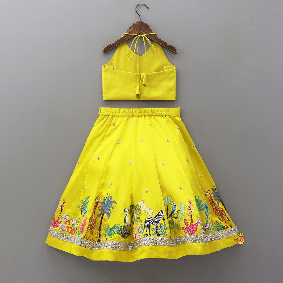 Pre Order: Hand Painted Halter Neck Top And Lehenga With Beautiful Lace Work Dupatta