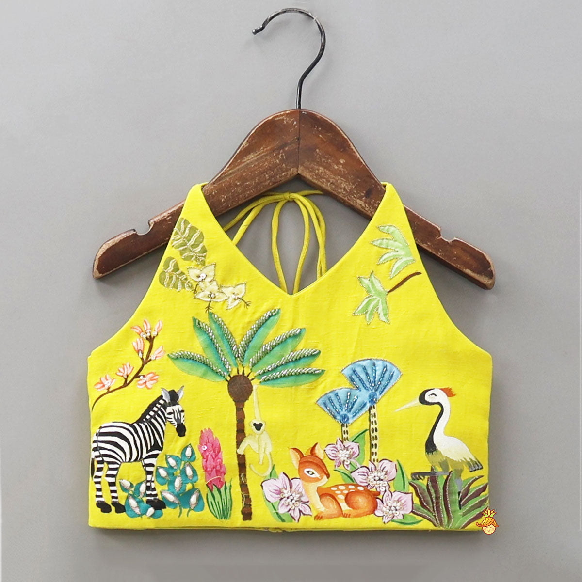 Pre Order: Hand Painted Halter Neck Top And Lehenga With Beautiful Lace Work Dupatta