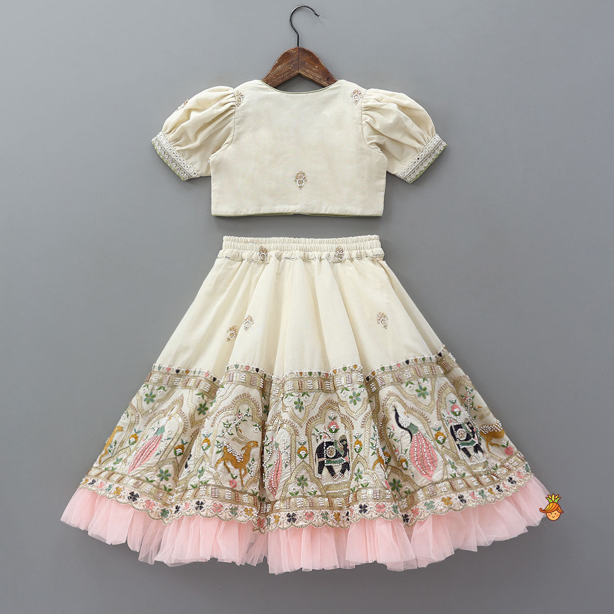 Pre Order: Peter Pan Collar Top And Embroidered Lehenga With Net Dupatta