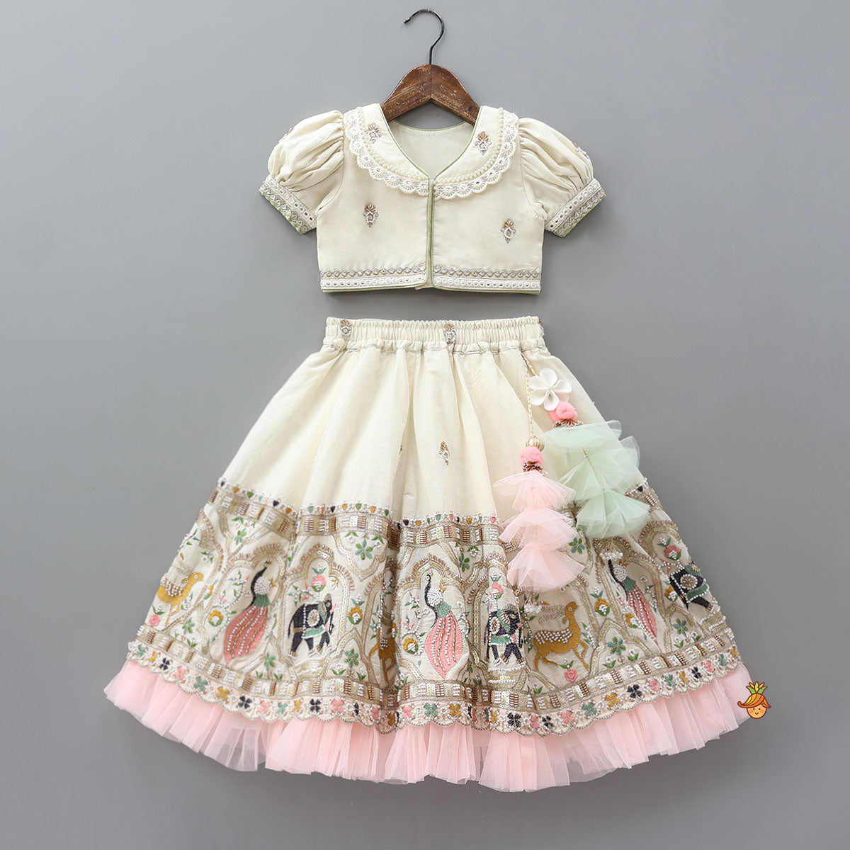 Pre Order: Peter Pan Collar Top And Embroidered Lehenga With Net Dupatta