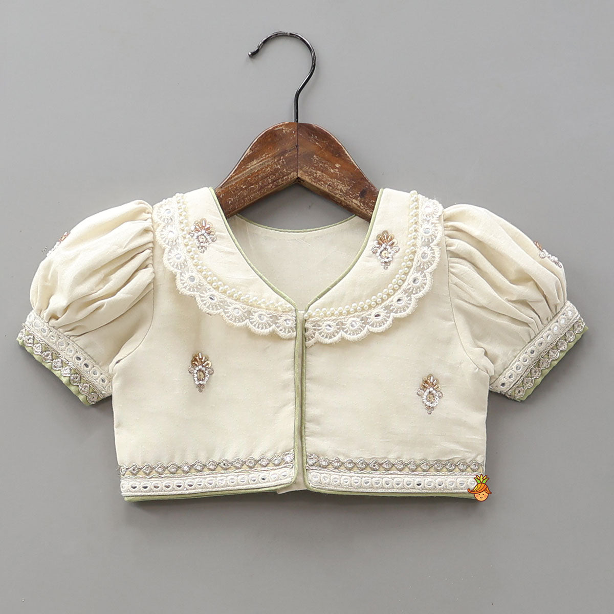 Pre Order: Peter Pan Collar Top And Embroidered Lehenga With Net Dupatta