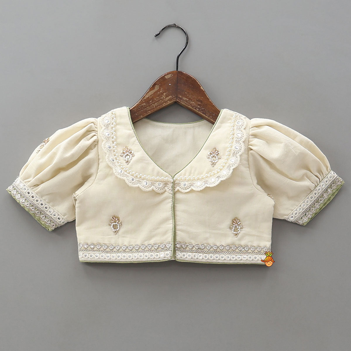 Pre Order: Peter Pan Collar Top And Embroidered Lehenga With Net Dupatta