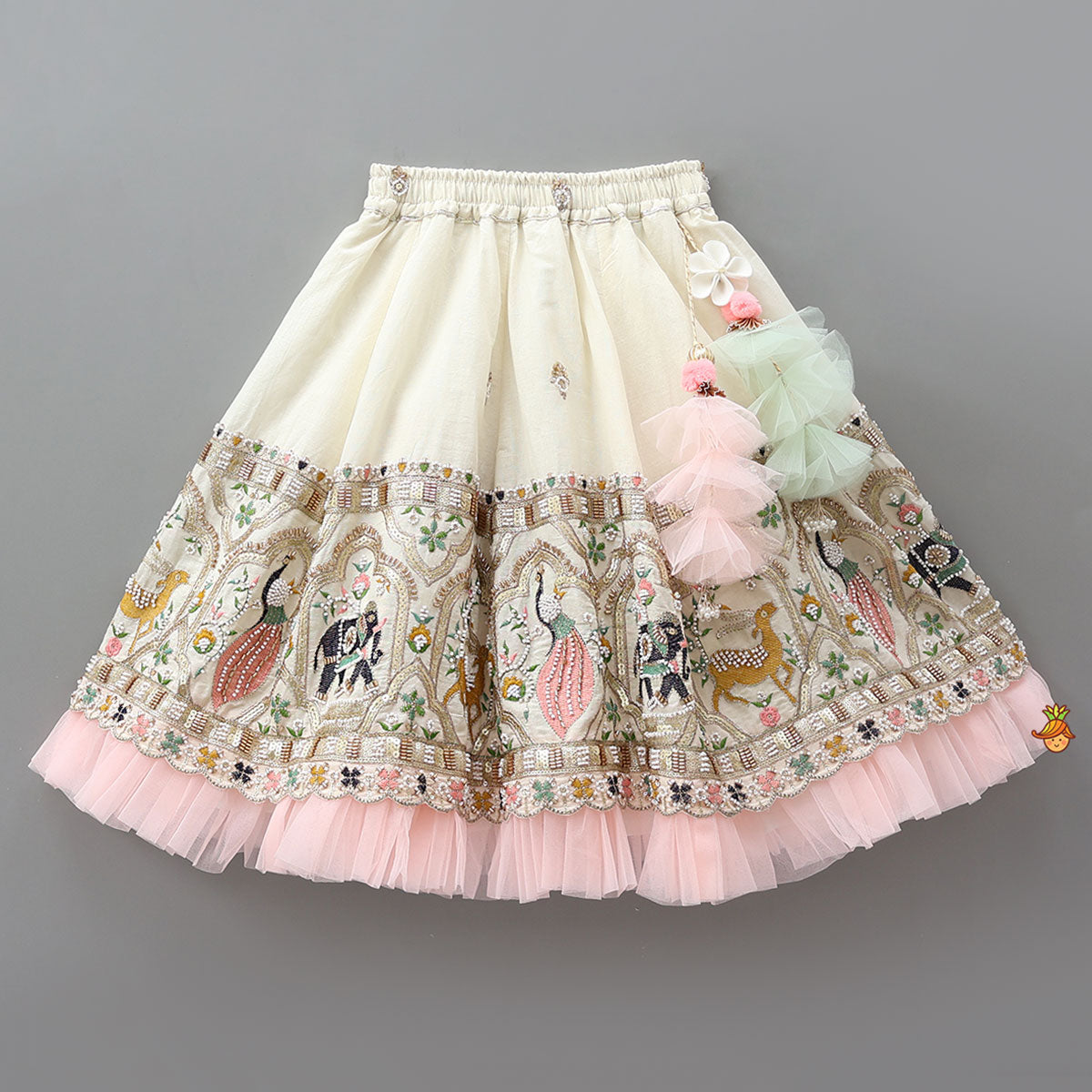 Pre Order: Peter Pan Collar Top And Embroidered Lehenga With Net Dupatta