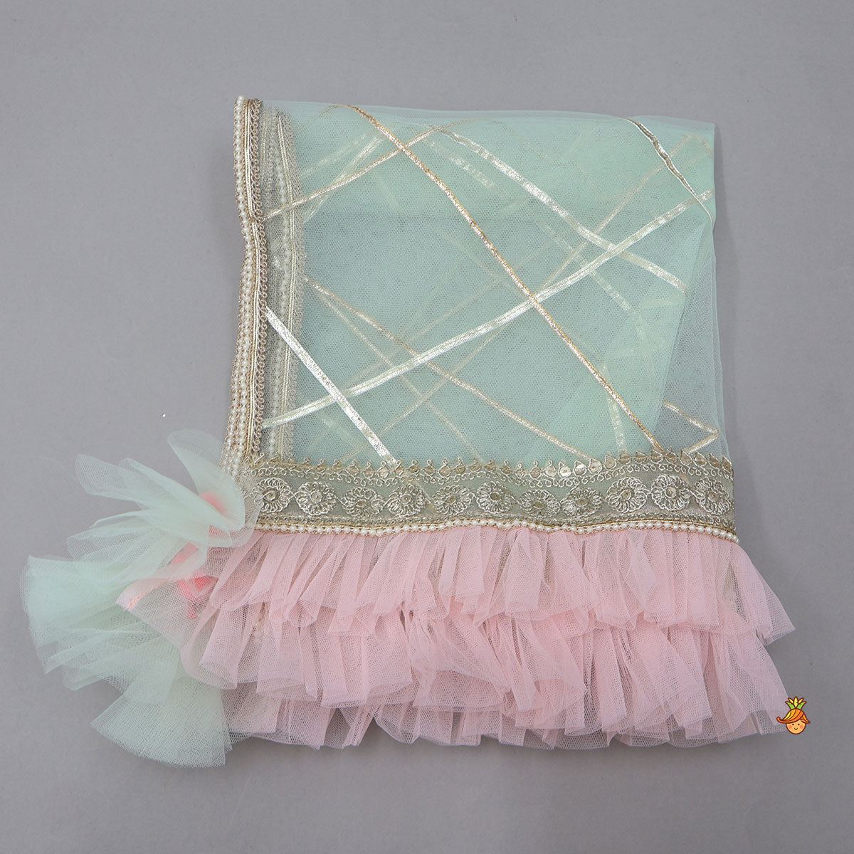 Pre Order: Peter Pan Collar Top And Embroidered Lehenga With Net Dupatta