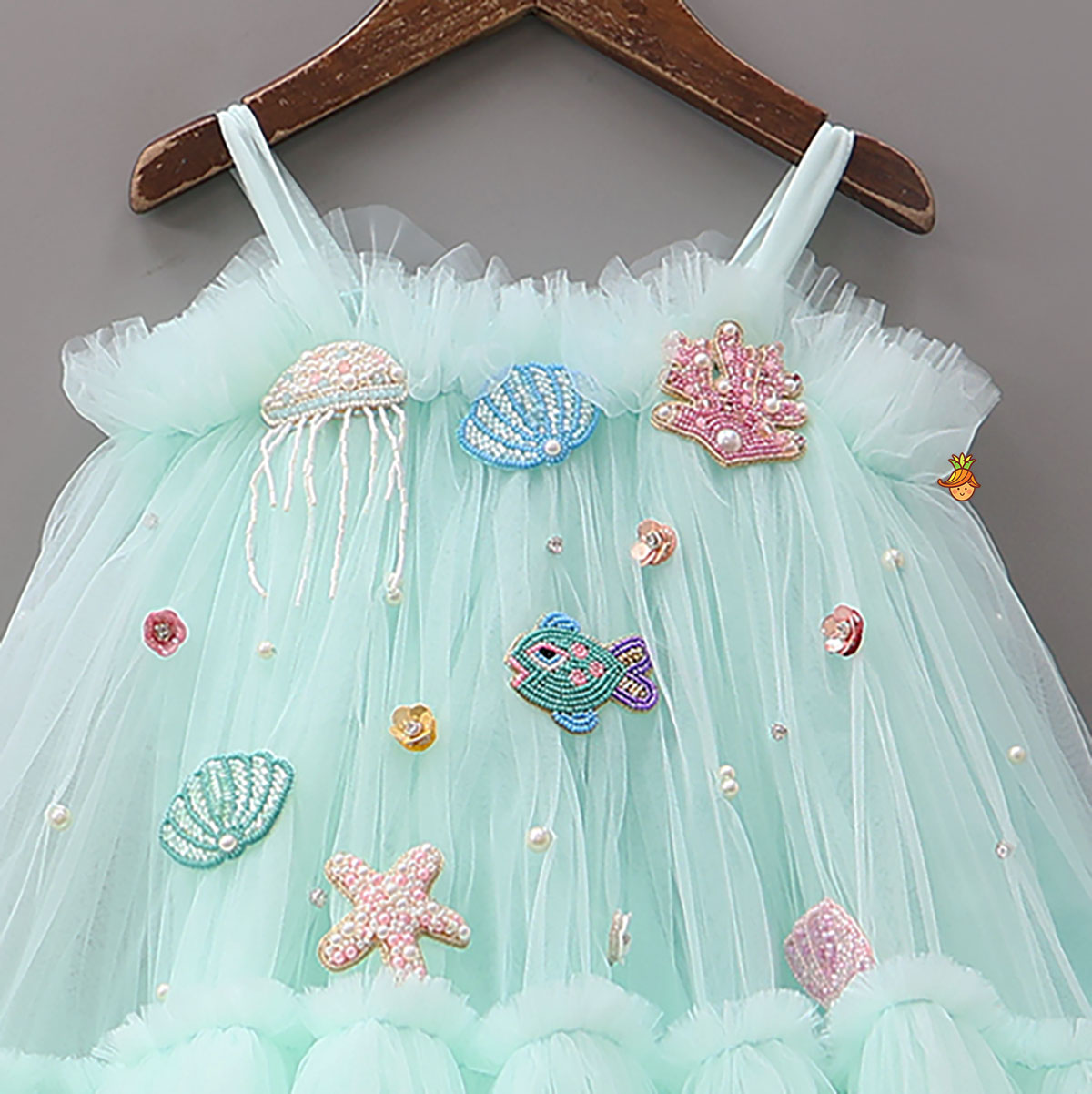Stunning Aqua-Themed Embroidered Dress With Hair Tie