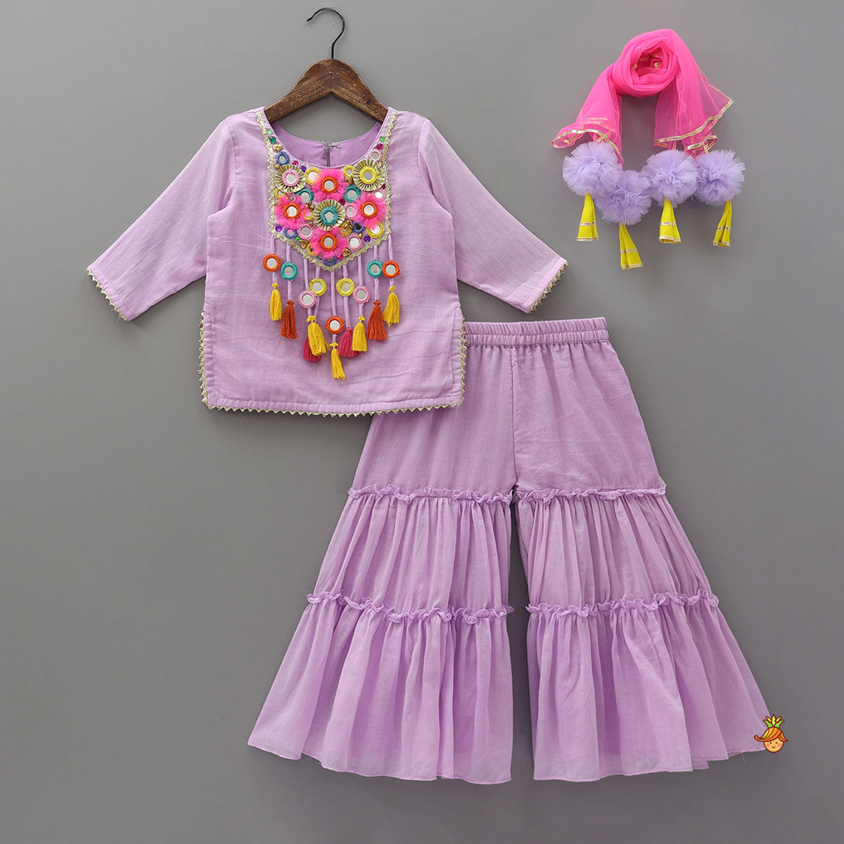 Mirror Work Embellished Kurti With Sharara And Dupatta