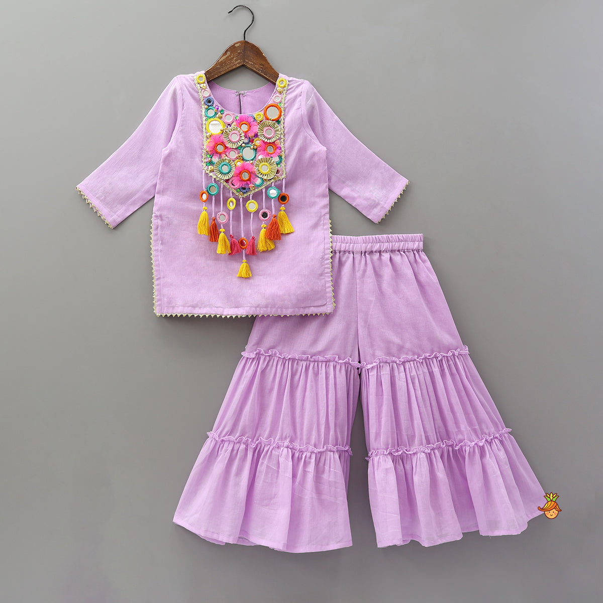 Multicolour Mirror Work Embellished Kurti With Sharara And Dupatta