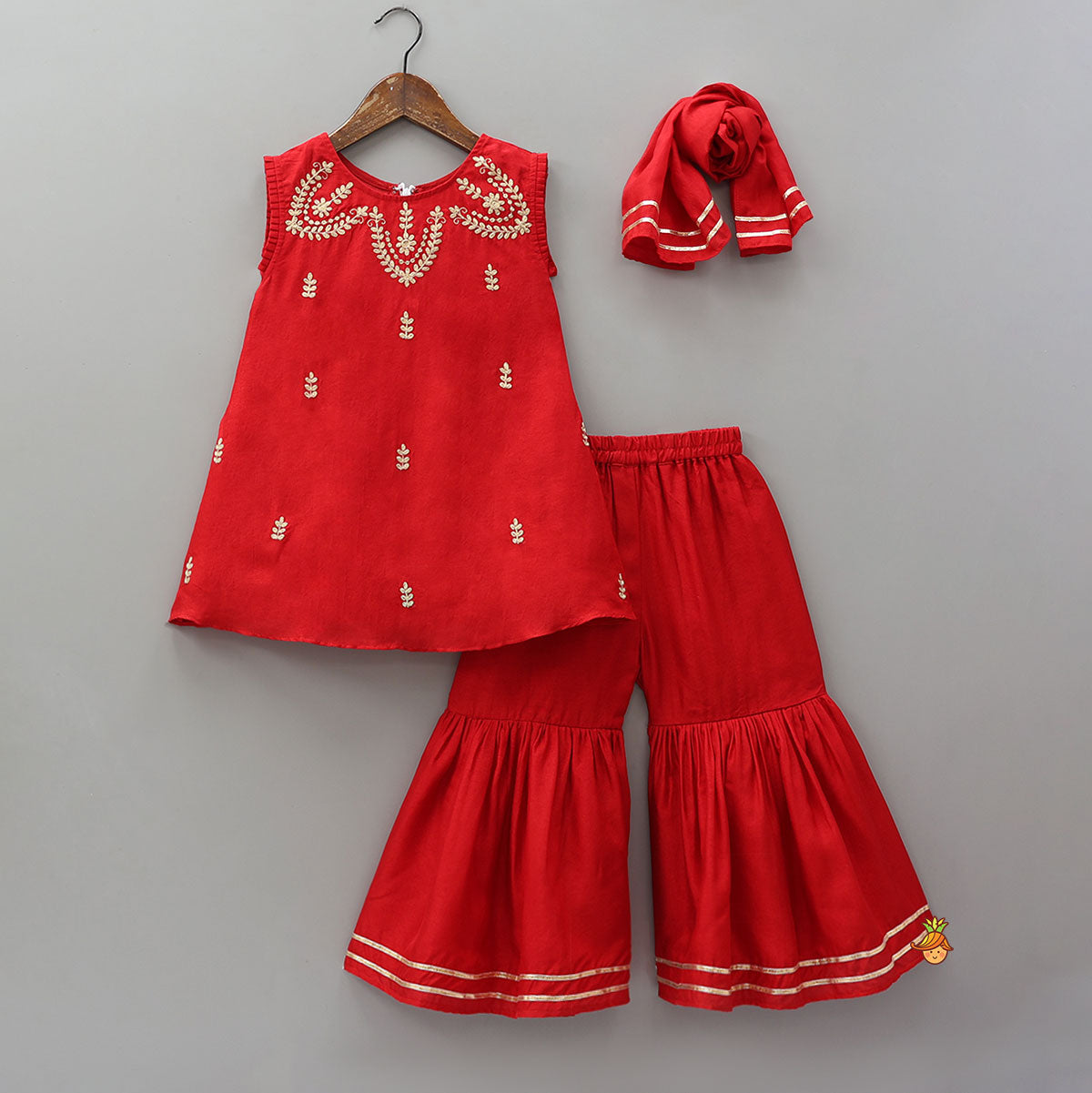Pre Order: Pleated Armhole Kurti And Sharara With Matching Dupatta