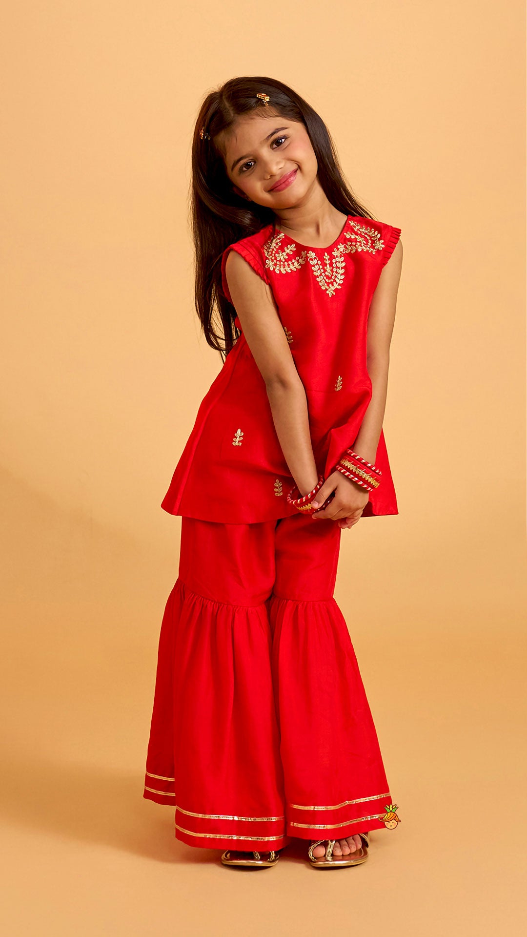 Pre Order: Pleated Armhole Kurti And Sharara With Matching Dupatta
