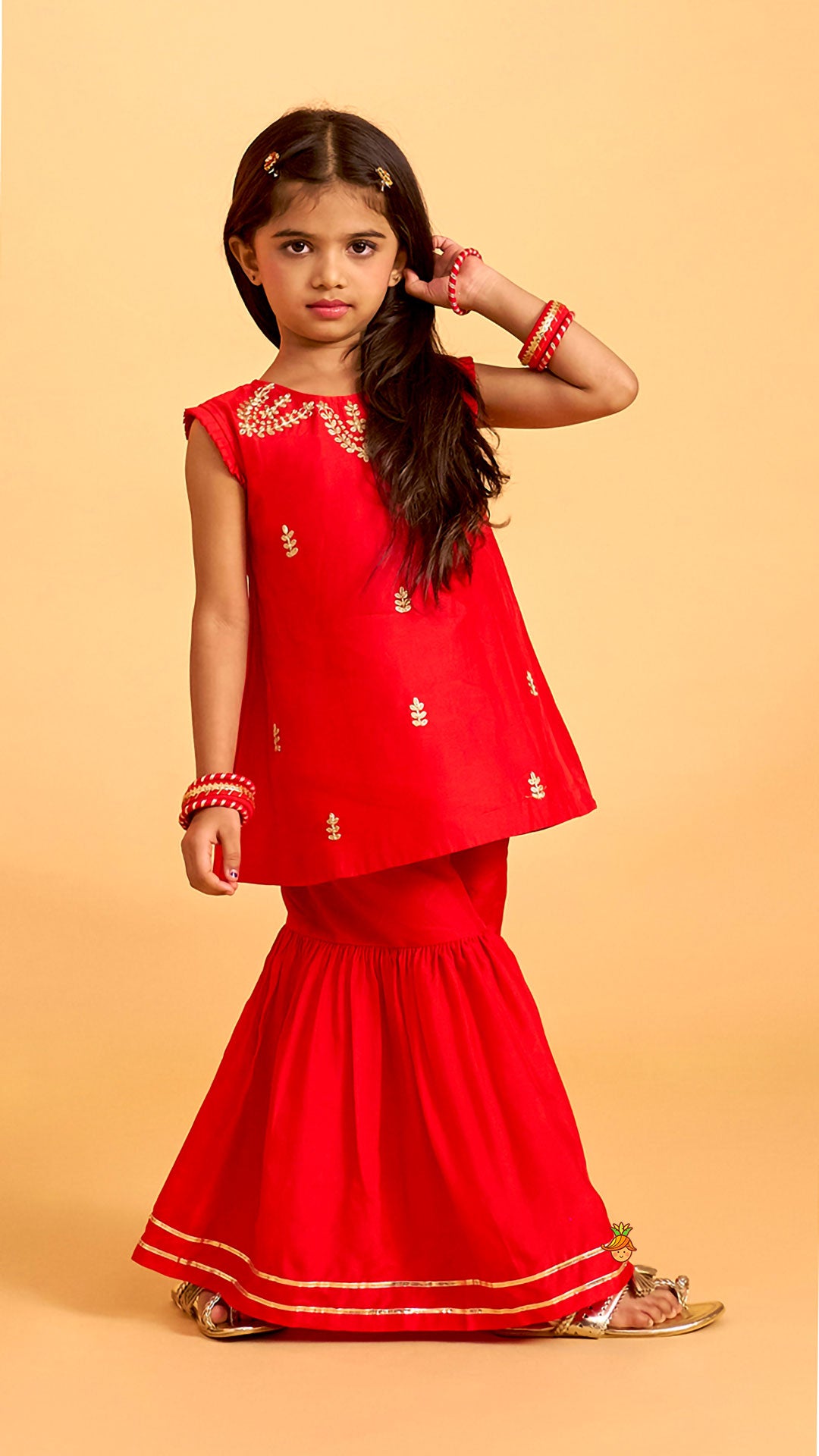 Pre Order: Pleated Armhole Kurti And Sharara With Matching Dupatta
