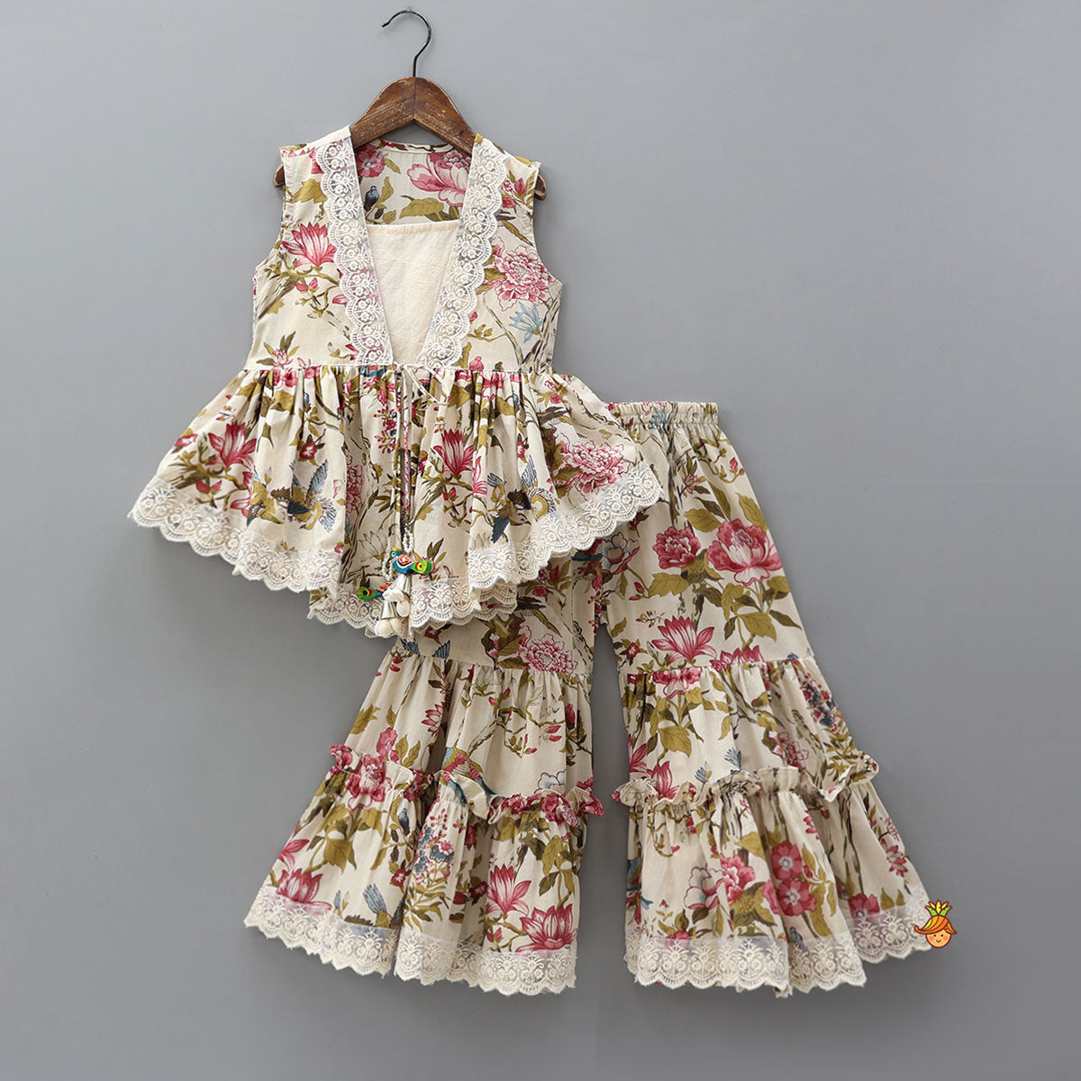 Pre Order: Strappy Adorable Top With Floral Printed Jacket And Sharara