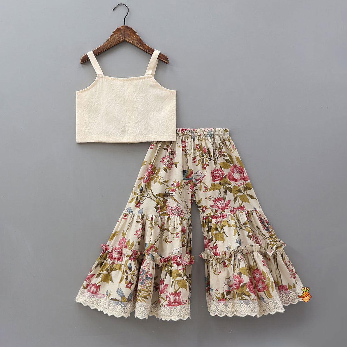 Pre Order: Strappy Adorable Top With Floral Printed Jacket And Sharara