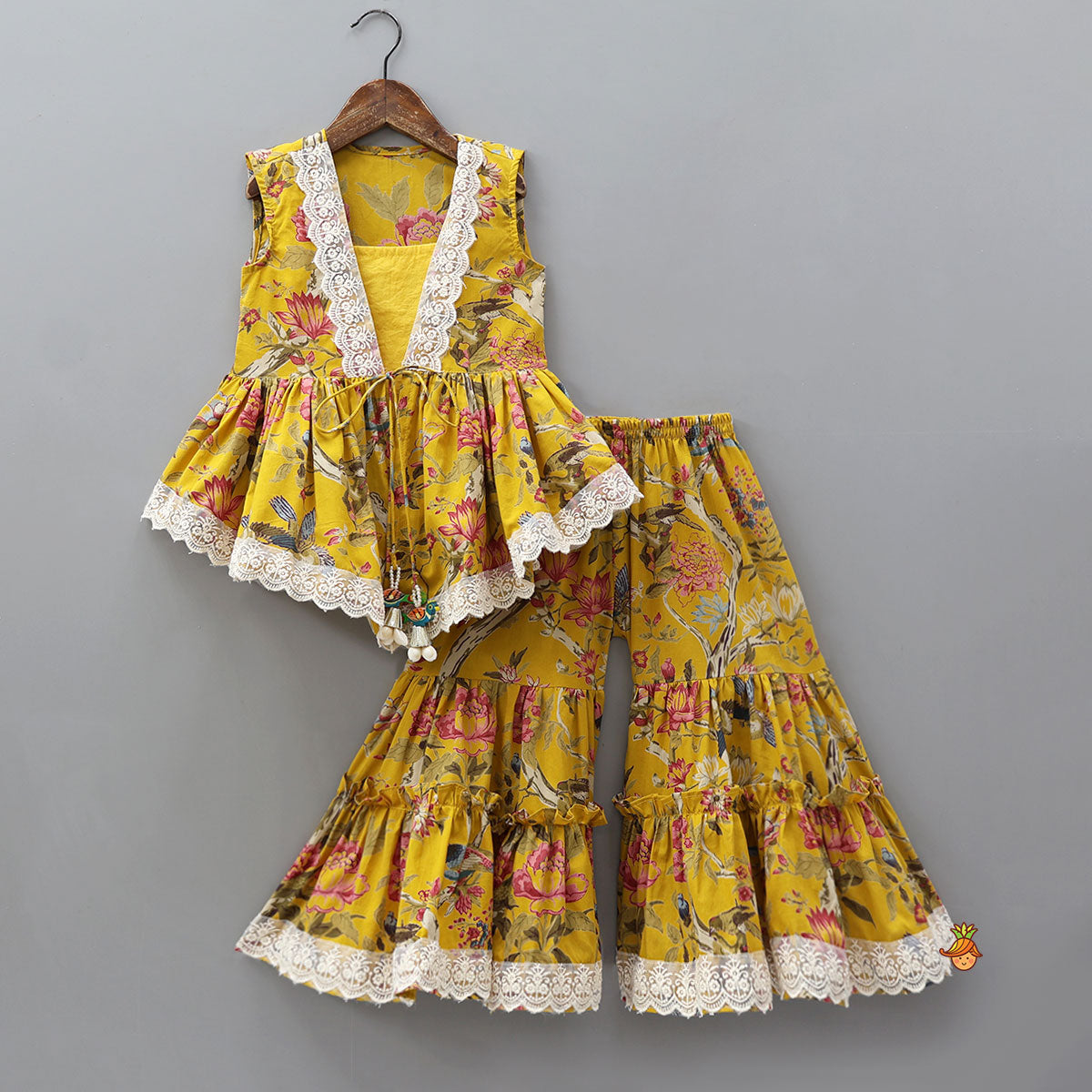 Pre Order: Strappy Top With Floral Printed Jacket And Sharara