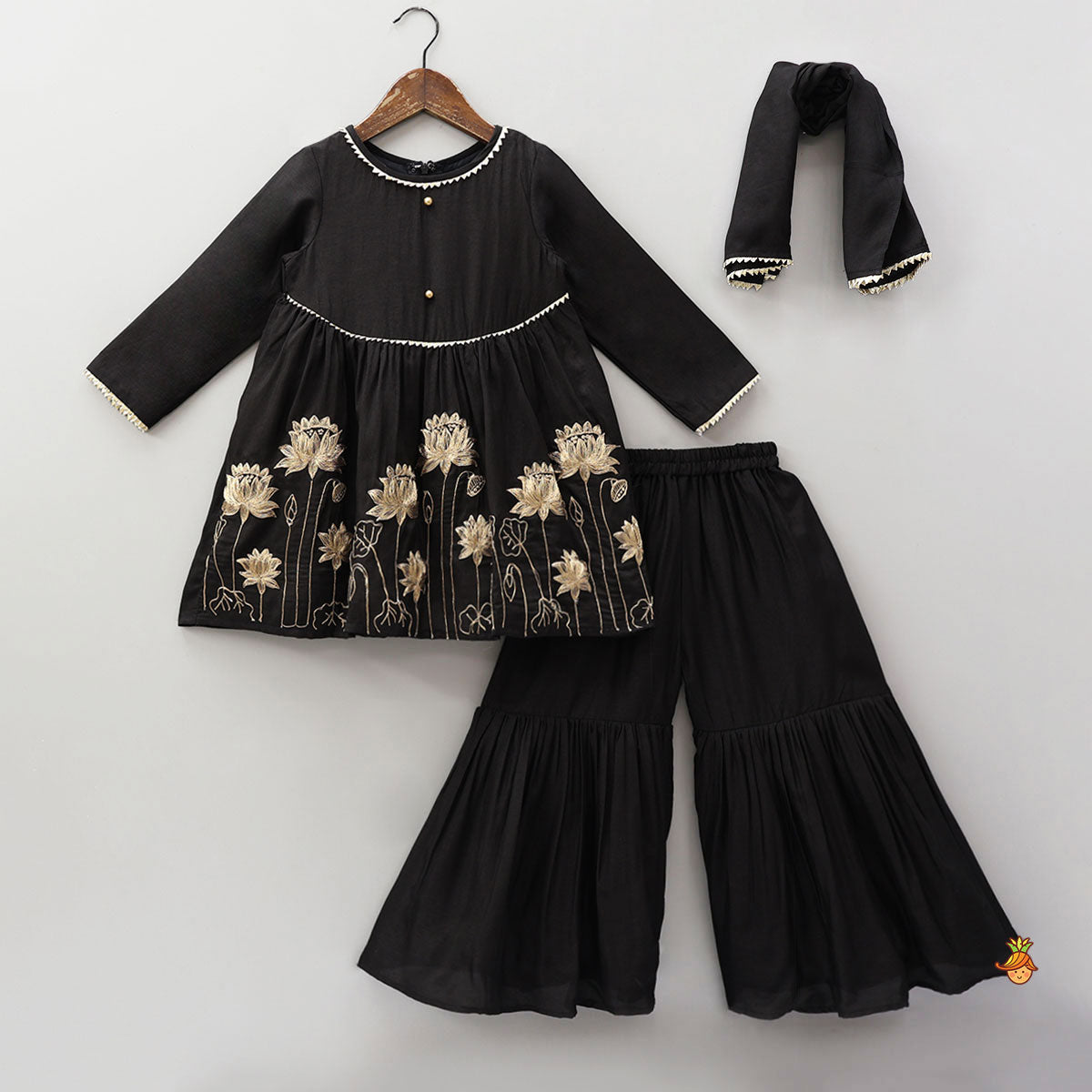 Pre Order: Floral Embroidered Kurti And Sharara With Matching Dupatta