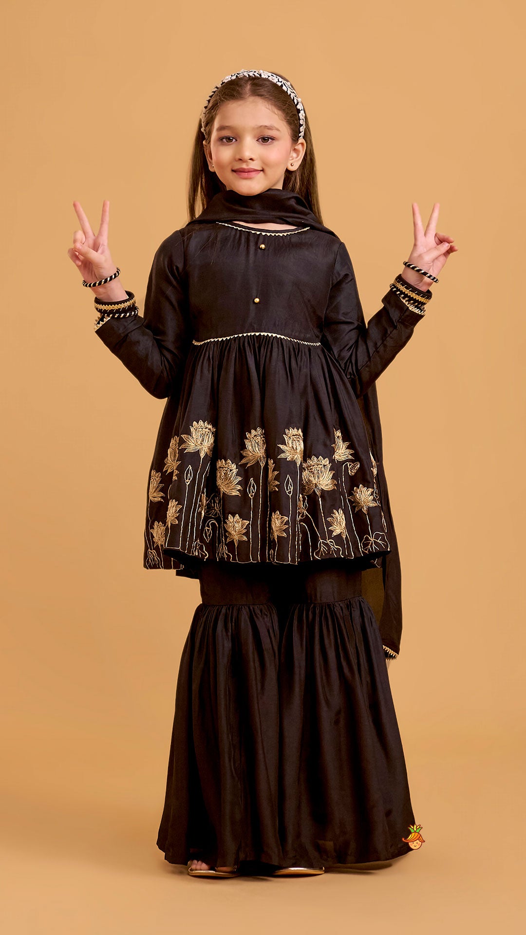 Pre Order: Floral Embroidered Kurti And Sharara With Matching Dupatta