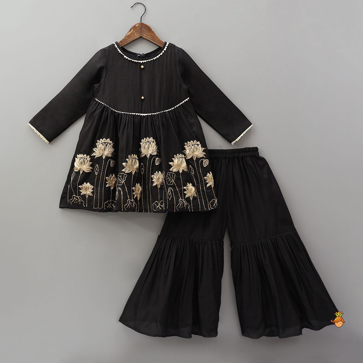 Pre Order: Floral Embroidered Kurti And Sharara With Matching Dupatta