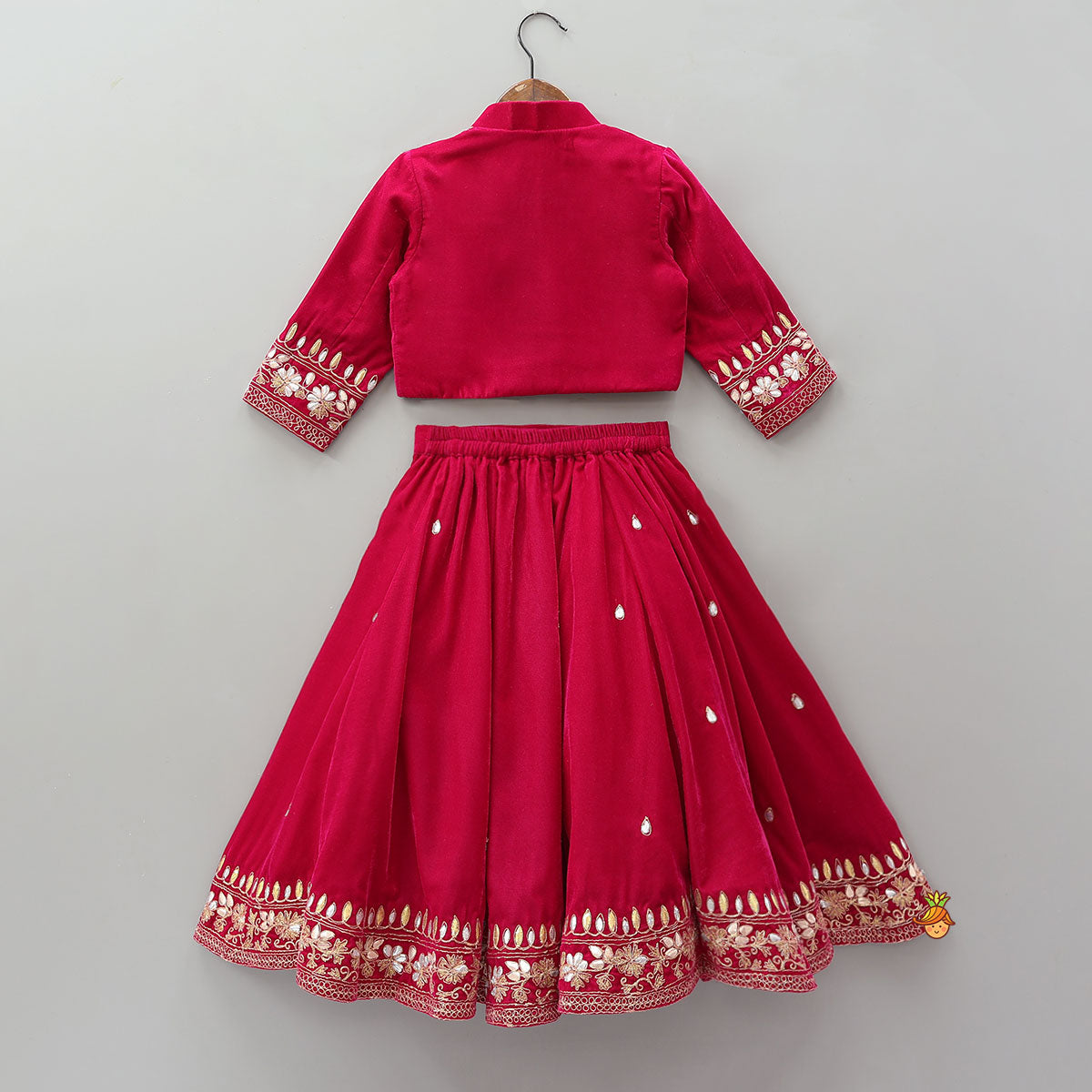 Pre Order: Stand Collar Velvet Top And Lehenga