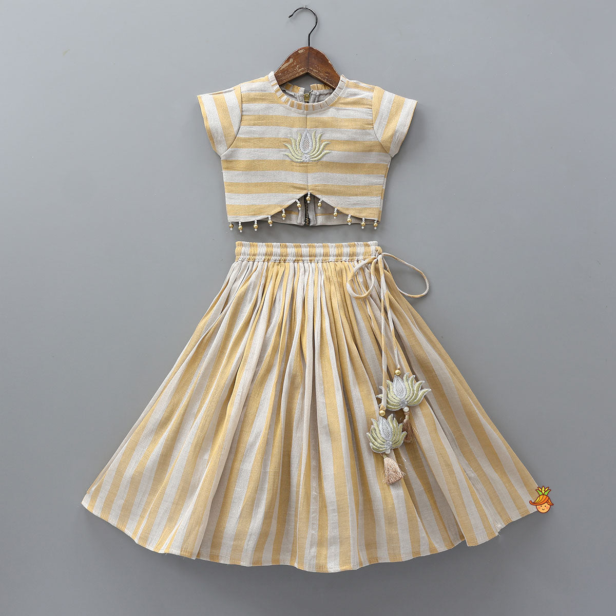 Pre Order: Pleated Neckline Striped Top And Lehenga