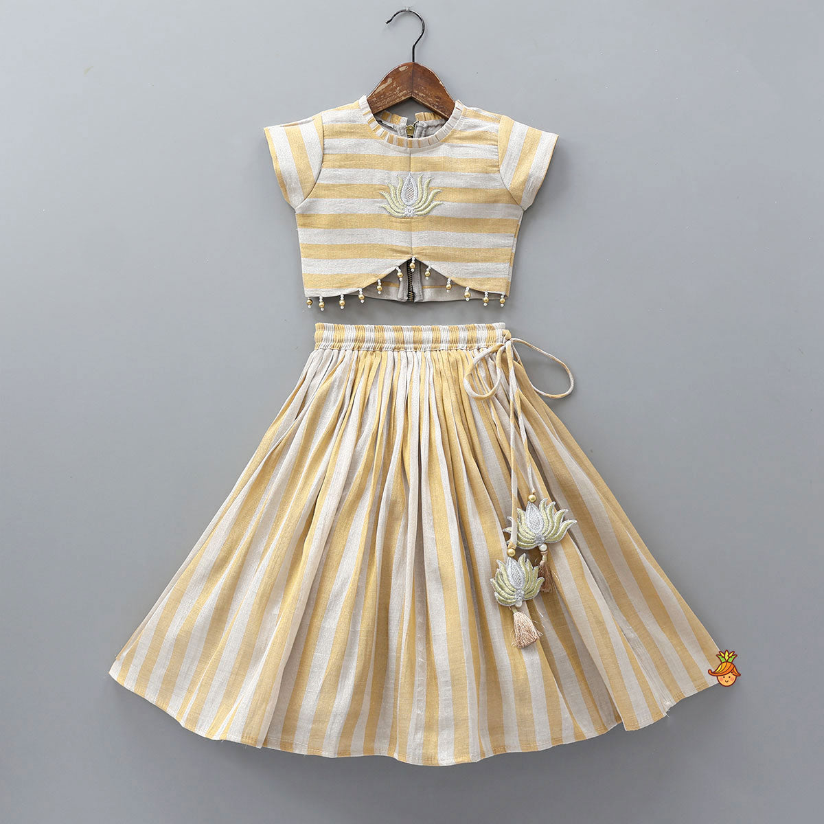 Pre Order: Pleated Neckline Striped Top And Lehenga