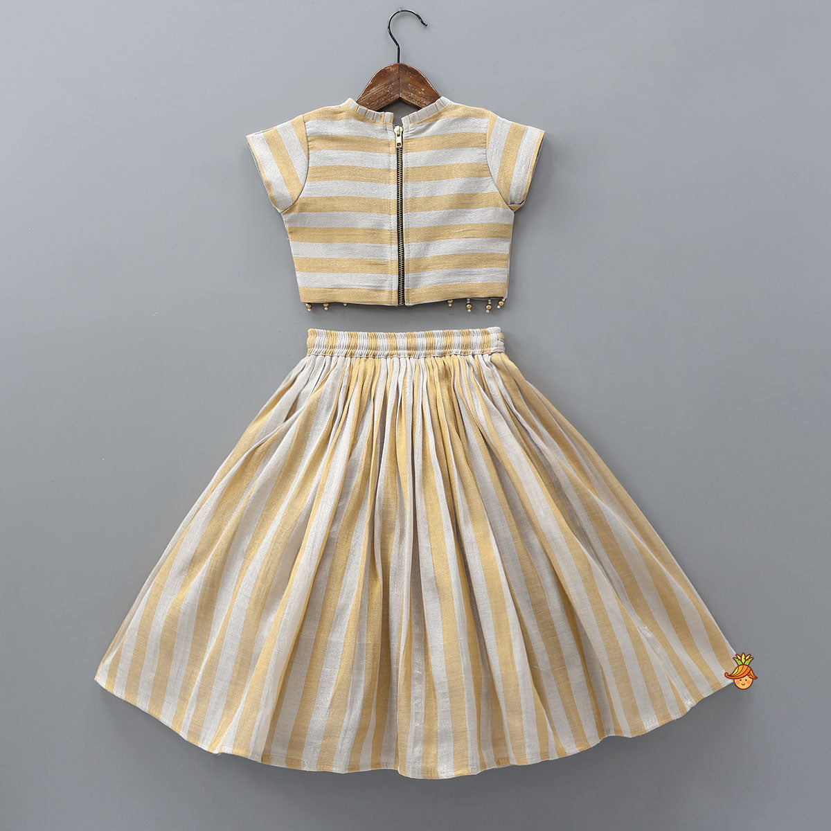 Pre Order: Pleated Neckline Striped Top And Lehenga