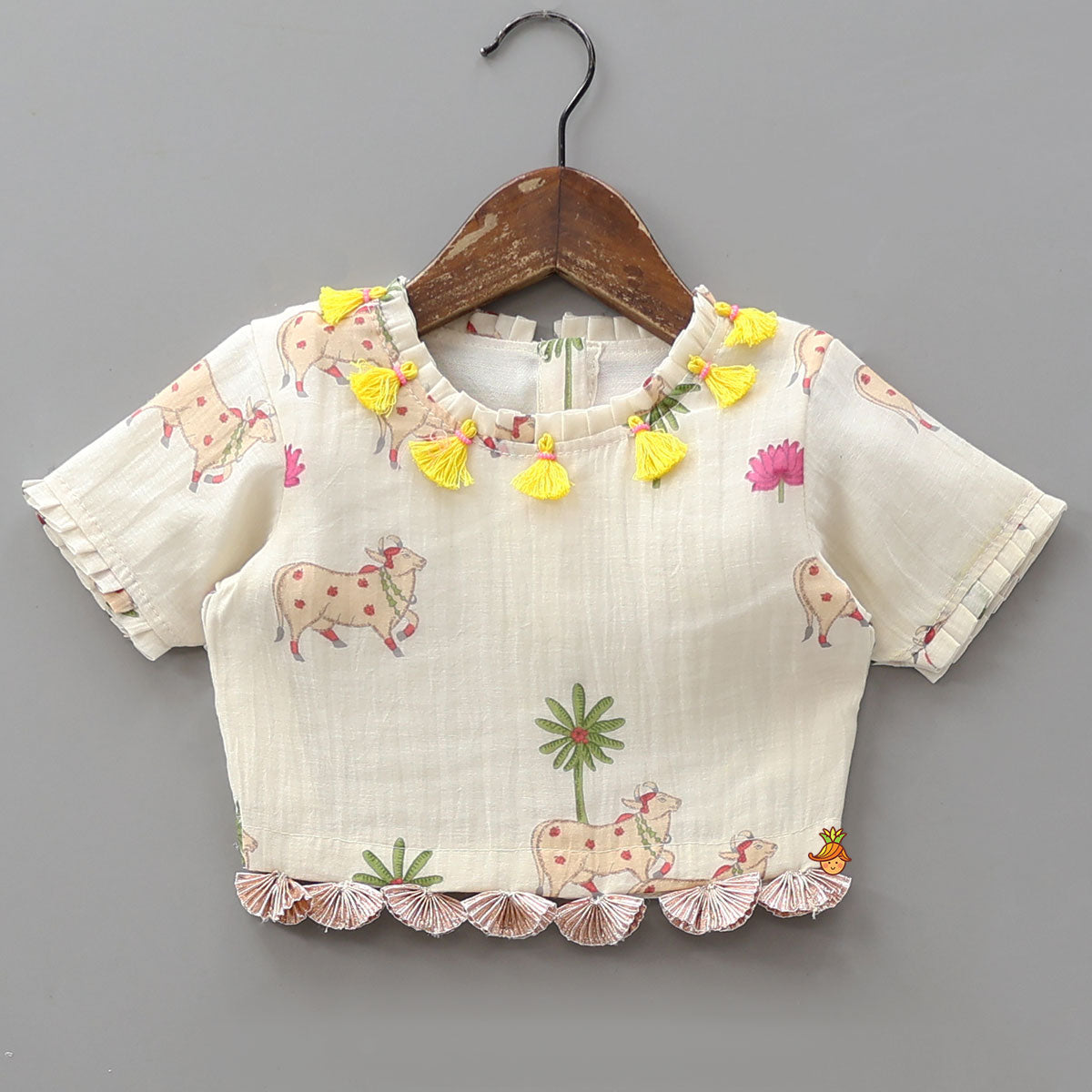 Pre Order: Adorable Printed Top With Fringed Detailing And Lehenga