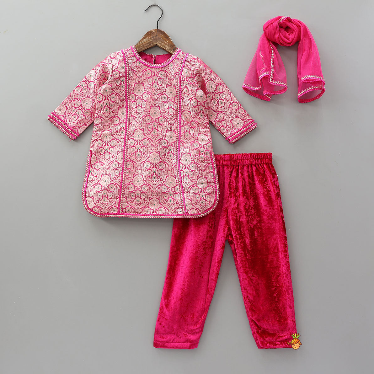 Pre Order: Brocade Kurti And Velvet Pant With Matching Dupatta
