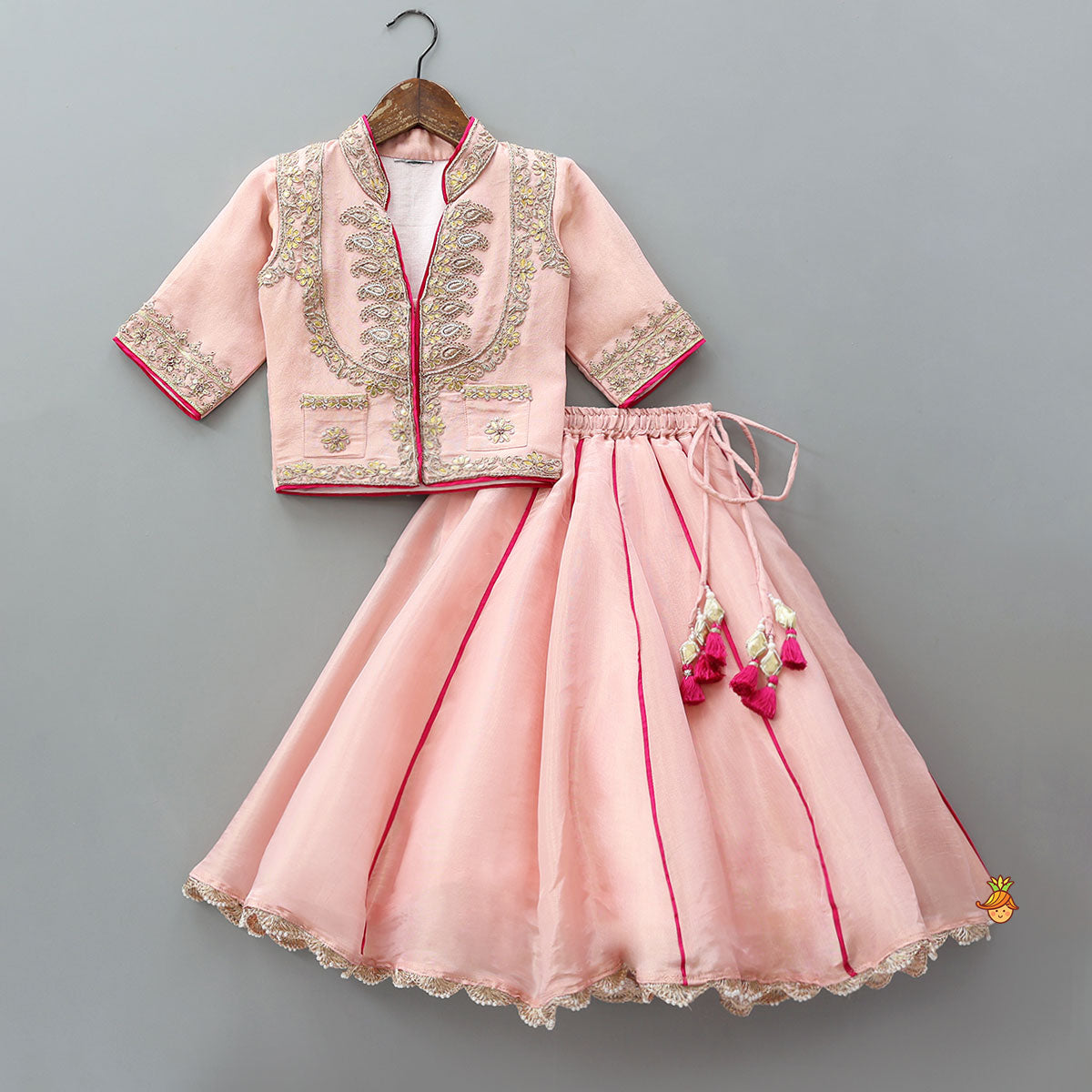 Pre Order: Jacket-Style Embroidered Top And Lehenga