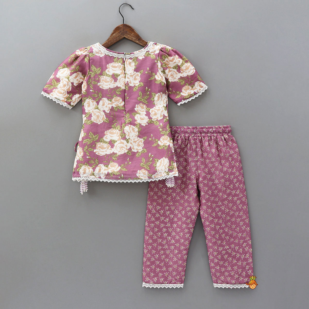 Pre Order: Side Knot Detail Floral Printed Kurti And Pant With Dupatta