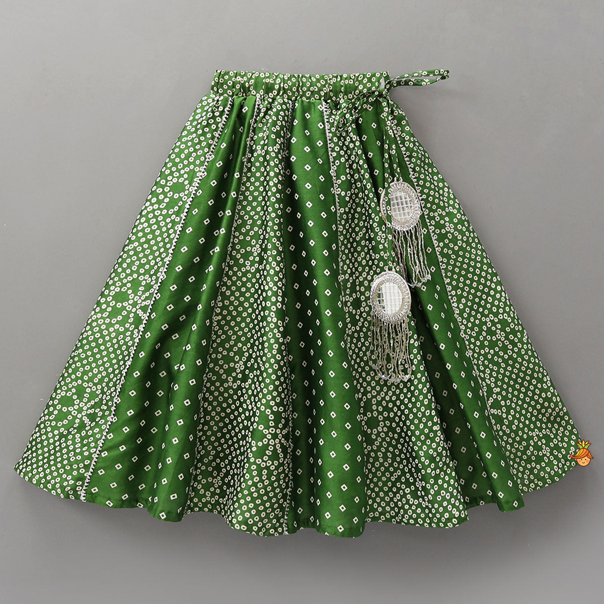 Pre Order: Faux Mirror Work Top And Bandhani Printed Lehenga