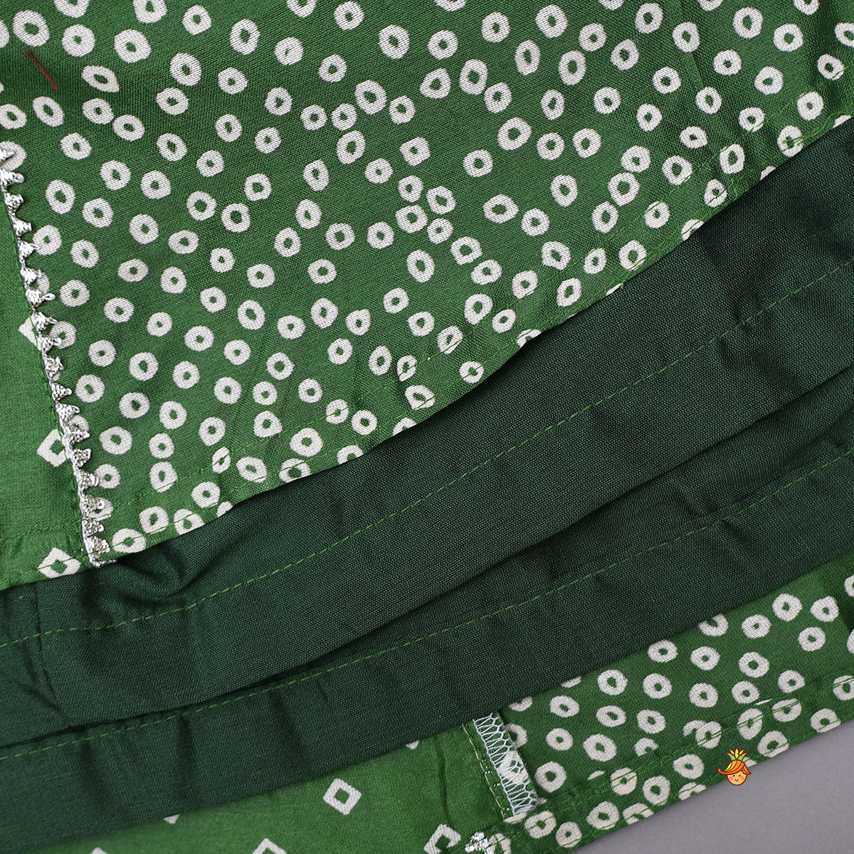 Pre Order: Faux Mirror Work Top And Bandhani Printed Lehenga