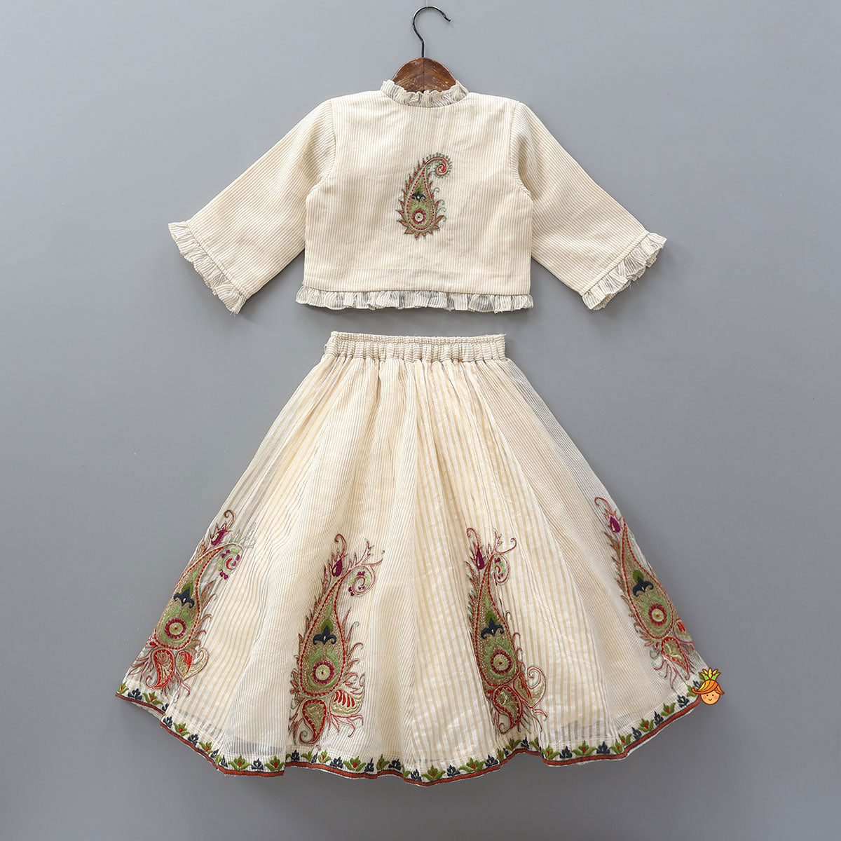 Pre Order: Thread Embroidered Frills Enhanced Top And Lehenga