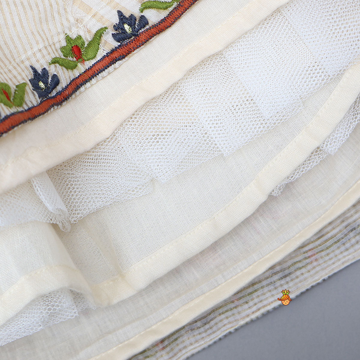 Pre Order: Thread Embroidered Frills Enhanced Top And Lehenga