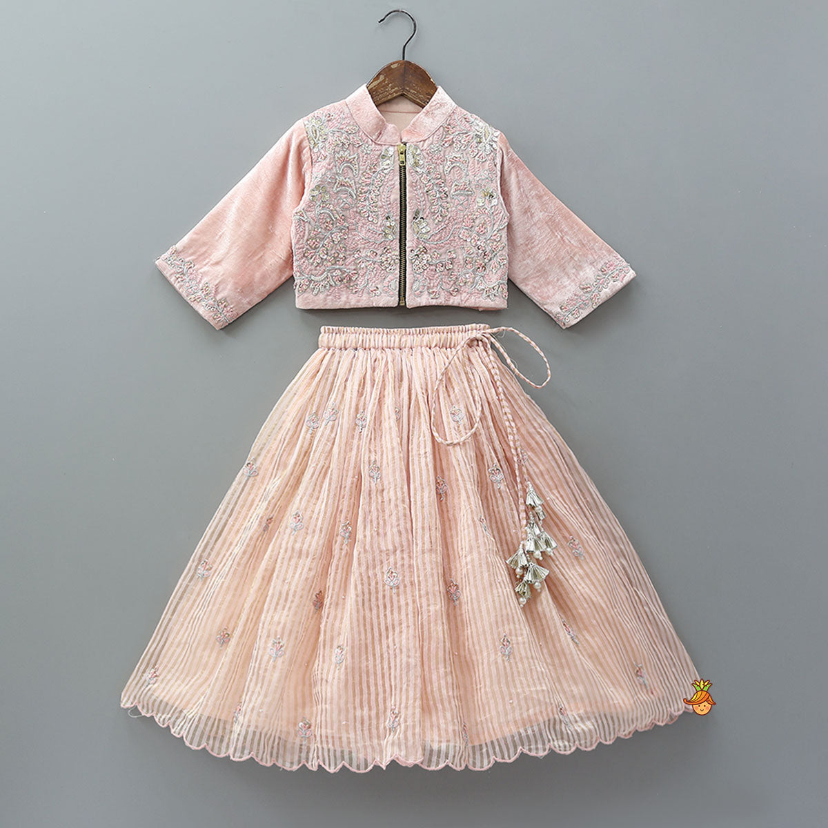 Pre Order: Thread Embroidered Velvet Top And Lehenga